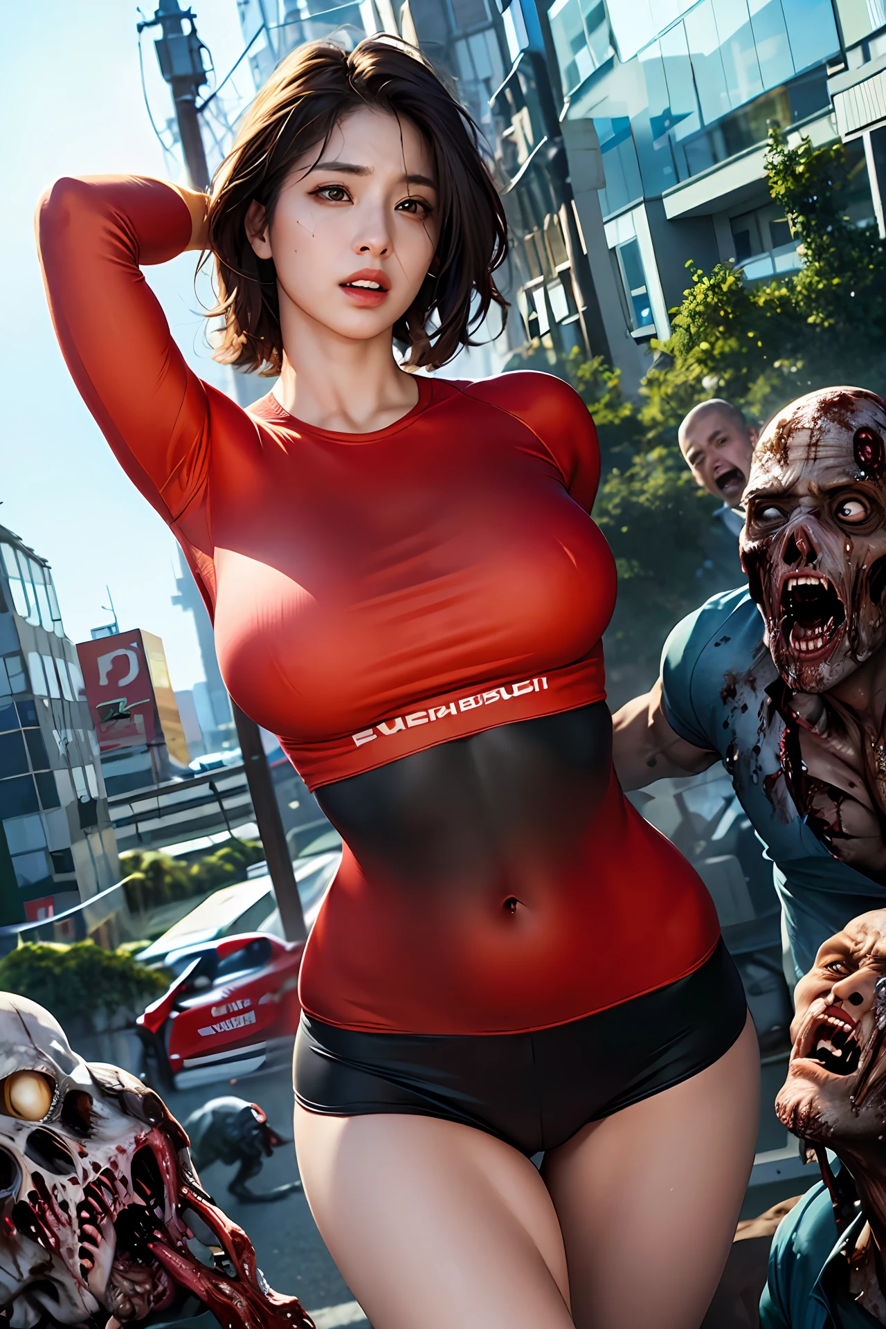 masterpiece, best quality, UHD, realistic, 1 woman, big breasts, nervous, multiple boy, (zombie: 1.2), running, dynamic pose, dynamic angle, destroyed city, big eye, tight clothes, belly showing, perspective, (realistic:1.4), (pureerosface_v1:0.7)