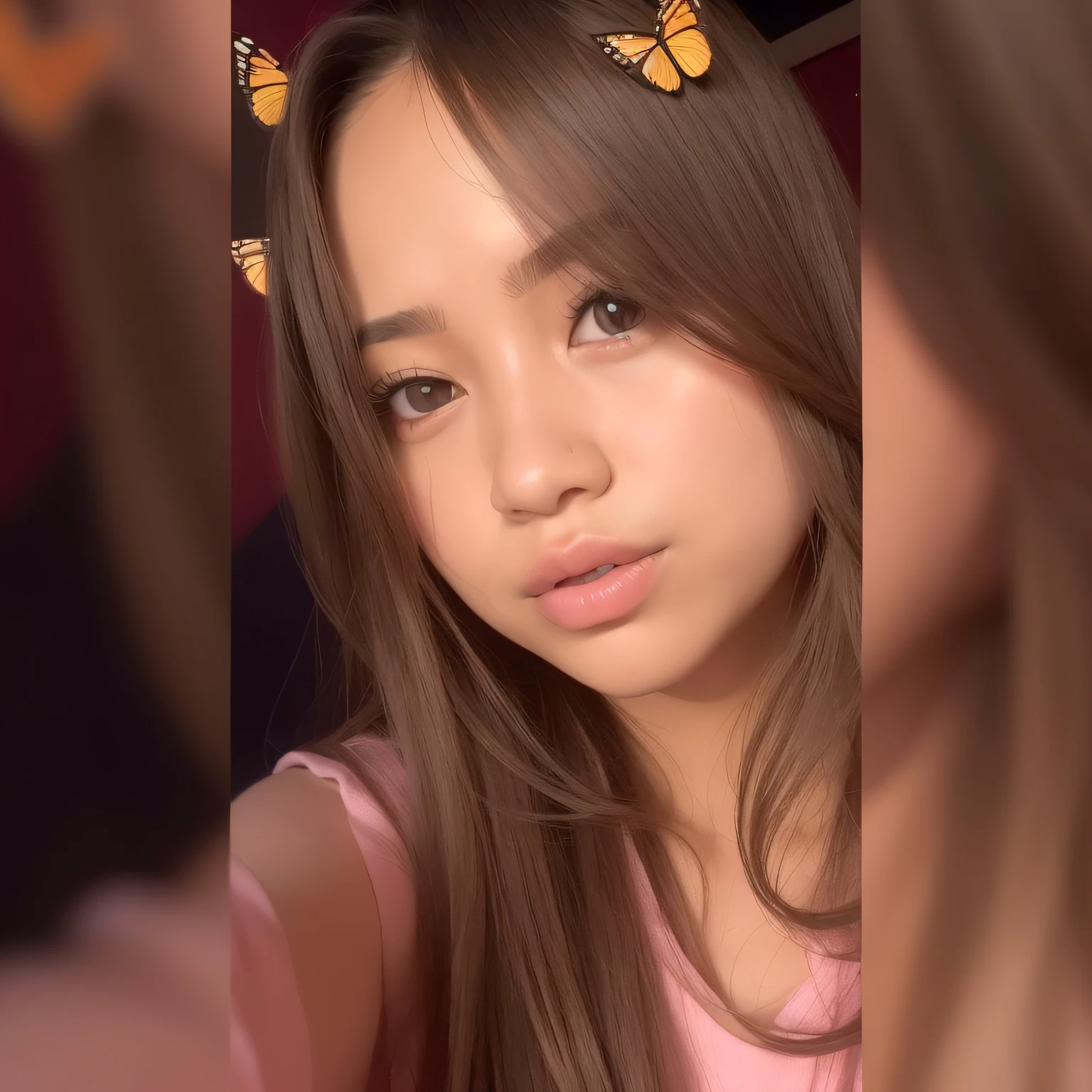 a close up of a woman with long hair and butterfly hair clips, lalisa manobal, wide forehead, isabela moner, leaked image, pokimane, with cute - fine - face, lalisa manoban of blackpink, portrait sophie mudd, portait photo profile picture, leaked photo, instagram model, ayahausca