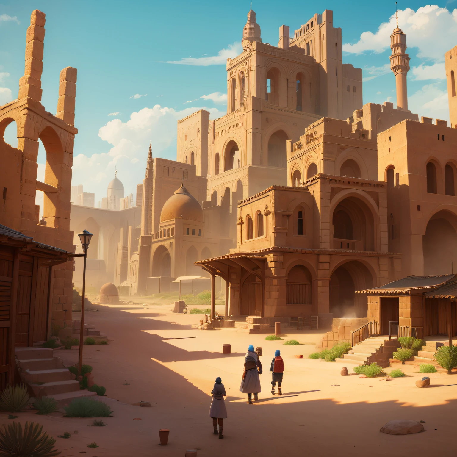 A city in the desert, rustic, ancient medieval, anime.