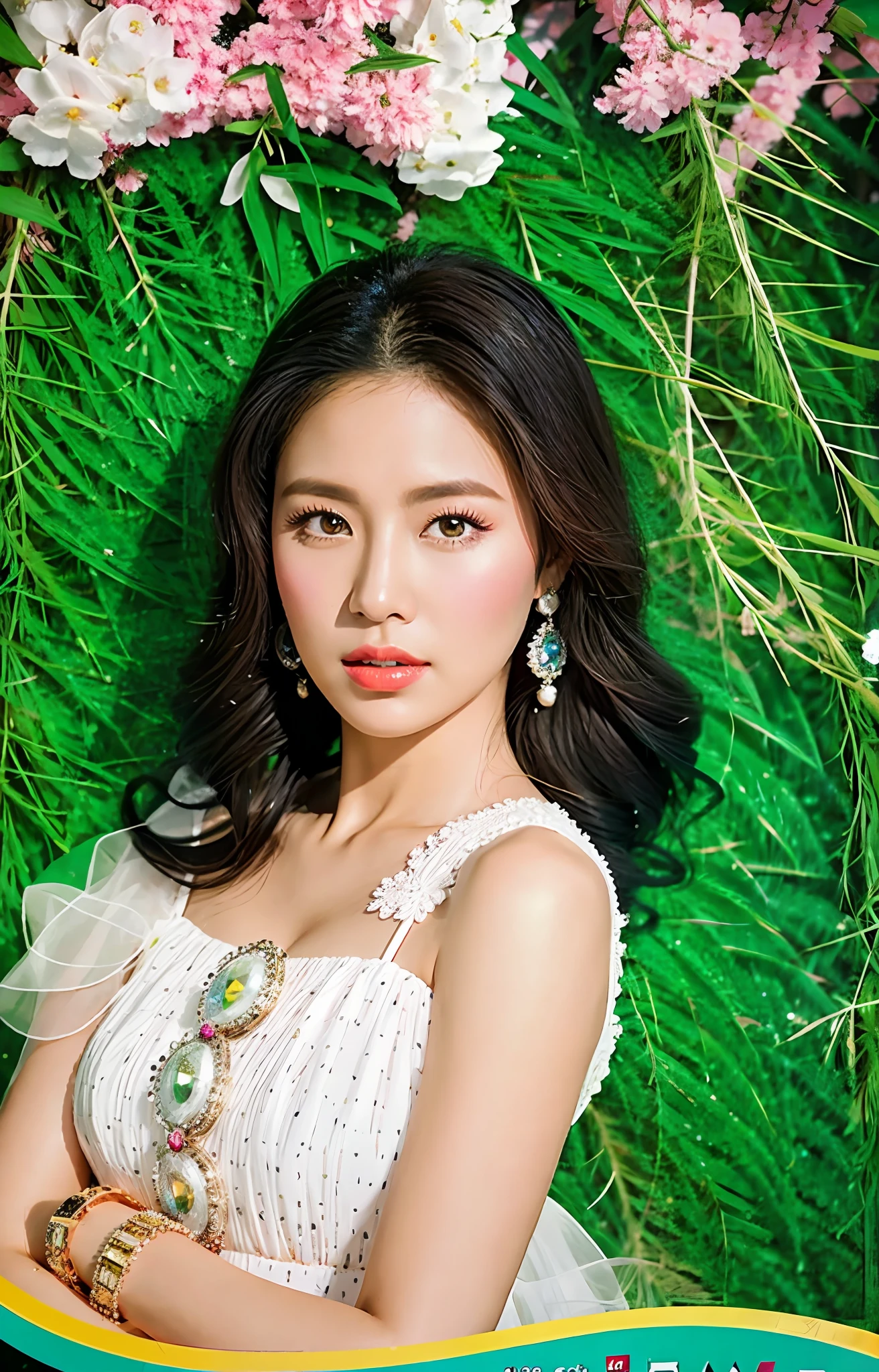 a close up of a woman wearing a white dress and a ring, portrait of modern darna, inspired by reyna rochin, elegant glamor pose, 💕 🎀, nivanh chanthara, fanart, pastel', painting, illustration, captured on canon eos r 6, editorial image, nostalgic 8k, cindy avelino, official photos, photo shoot