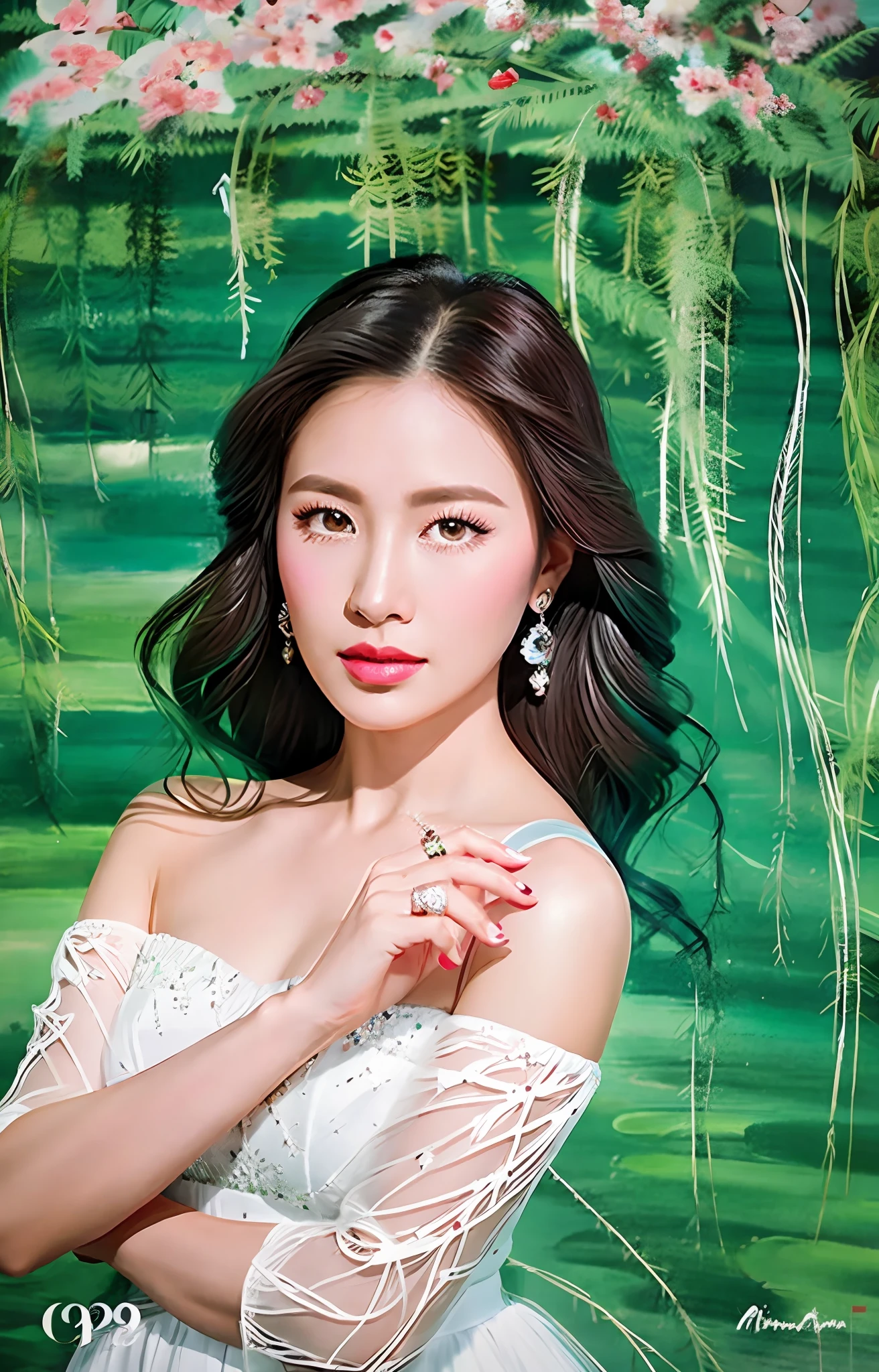 a close up of a woman wearing a white dress and a ring, portrait of modern darna, inspired by reyna rochin, elegant glamor pose, 💕 🎀, nivanh chanthara, fanart, pastel', painting, illustration, captured on canon eos r 6, editorial image, nostalgic 8k, cindy avelino, official photos, photo shoot