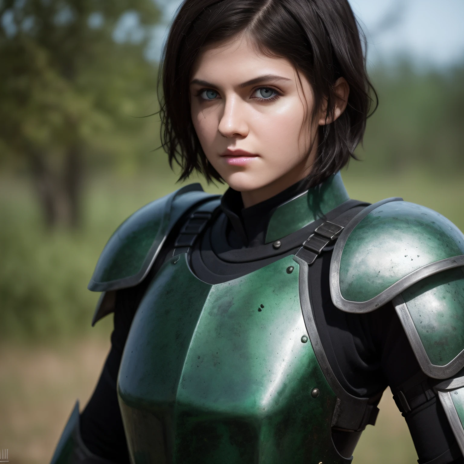 A girl with short black hair, green eyes, wearing a black armor. cinematic lighting, chromatic aberration, backlighting, masterpiece, high details, high quality, 4K.. Detailed eyes, detailed face, intricate grunge outfits, cinematic lighting, realistic concept art of strong backlighting.