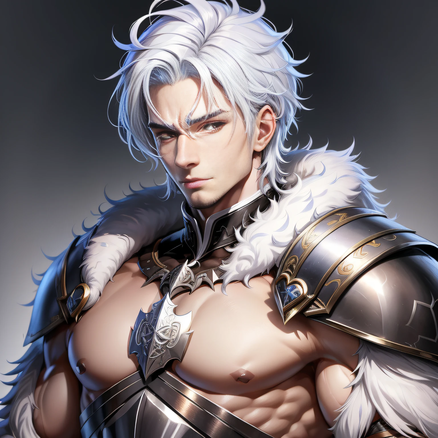 A handsome-looking young man with white hair, forty-five degree sides, looking at the camera, the body needs to have metal decoration, the left shoulder needs a fur collar, the proportions of the characters are harmonious, and the realistic style.