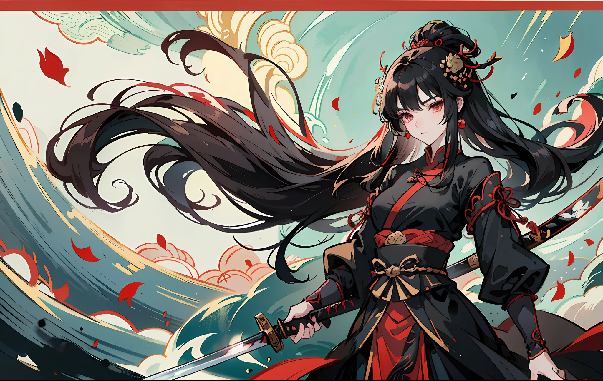 anime character with long black hair and a red dress holding a sword, she is holding a katana sword, inspired by Ju Lian, black - haired mage, by Yang J, beautiful character painting, g liulian art style, inspired by Zhou Fang, inspired by Du Qiong, painted in anime painter studio, inspired by Lü Ji --auto --s2