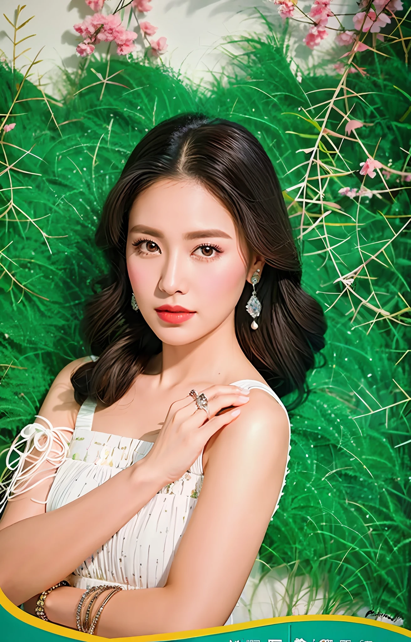 a close up of a woman wearing a white dress and a ring, portrait of modern darna, inspired by reyna rochin, elegant glamor pose, 💕 🎀, nivanh chanthara, fanart, pastel', painting, illustration, captured on canon eos r 6, editorial image, nostalgic 8k, cindy avelino, official photos, photo shoot