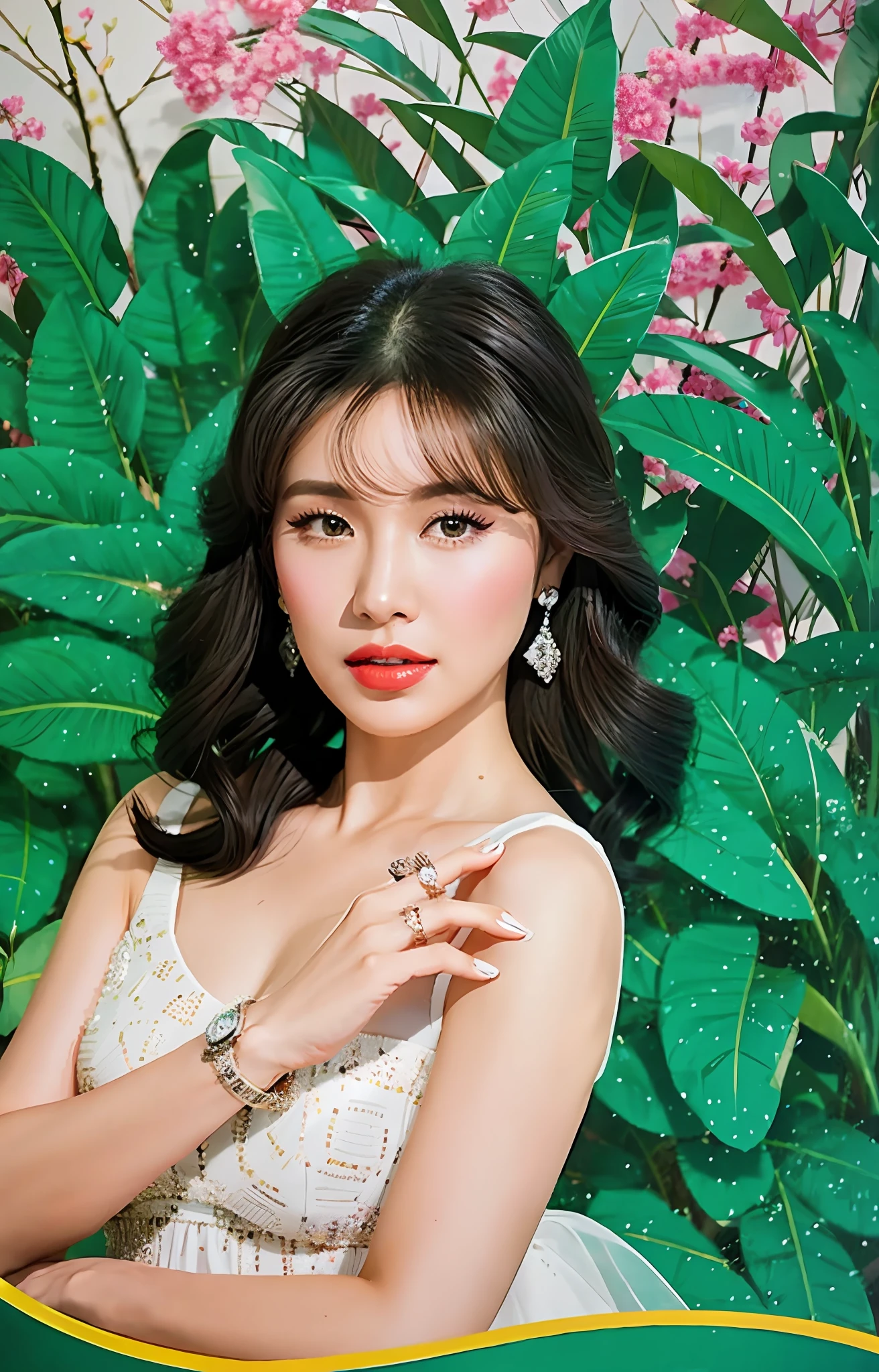 a close up of a woman wearing a white dress and a ring, portrait of modern darna, inspired by reyna rochin, elegant glamor pose, 💕 🎀, nivanh chanthara, fanart, pastel', painting, illustration, captured on canon eos r 6, editorial image, nostalgic 8k, cindy avelino, official photos, photo shoot