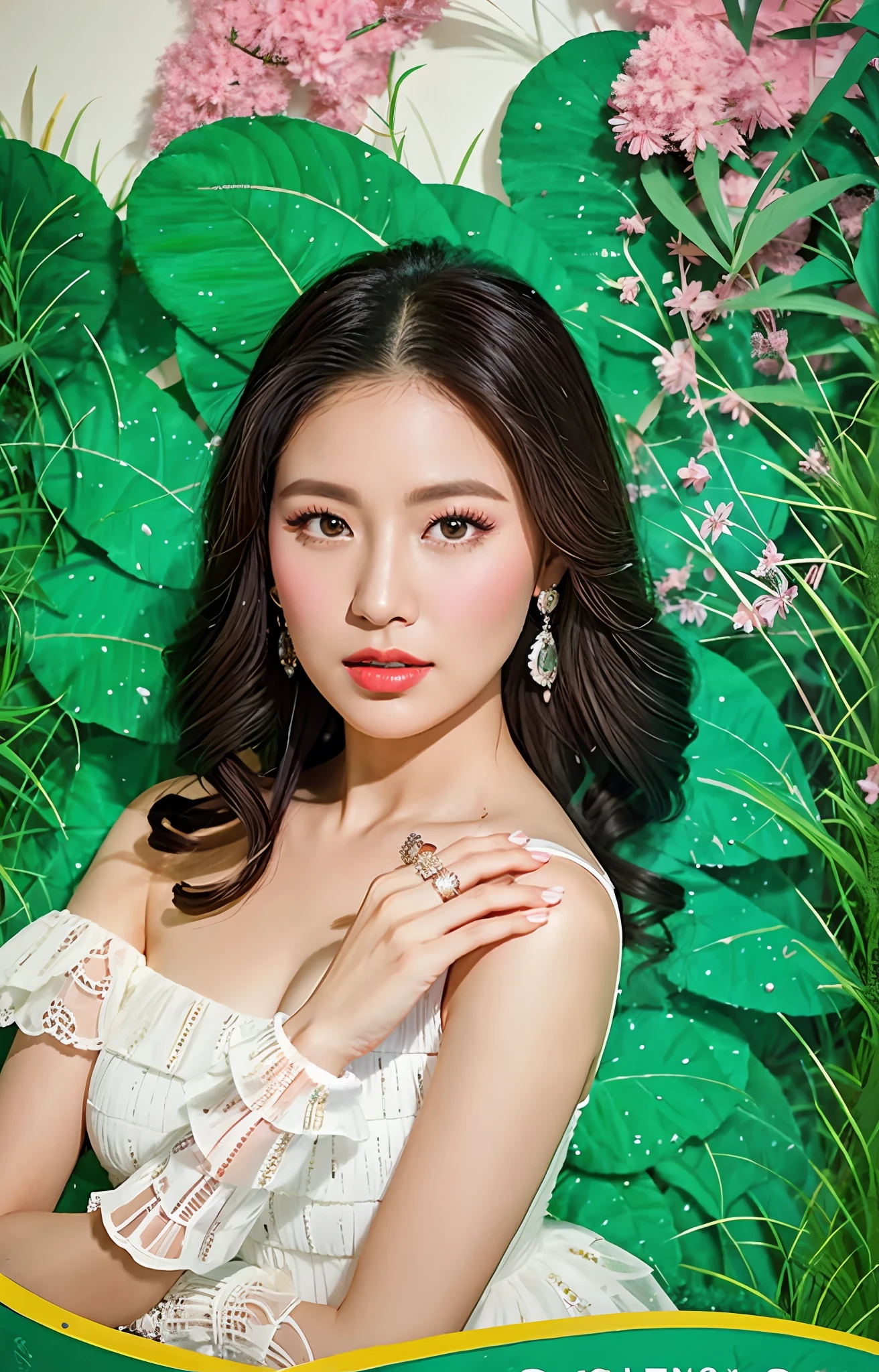 a close up of a woman wearing a white dress and a ring, portrait of modern darna, inspired by reyna rochin, elegant glamor pose, 💕 🎀, nivanh chanthara, fanart, pastel', painting, illustration, captured on canon eos r 6, editorial image, nostalgic 8k, cindy avelino, official photos, photo shoot
