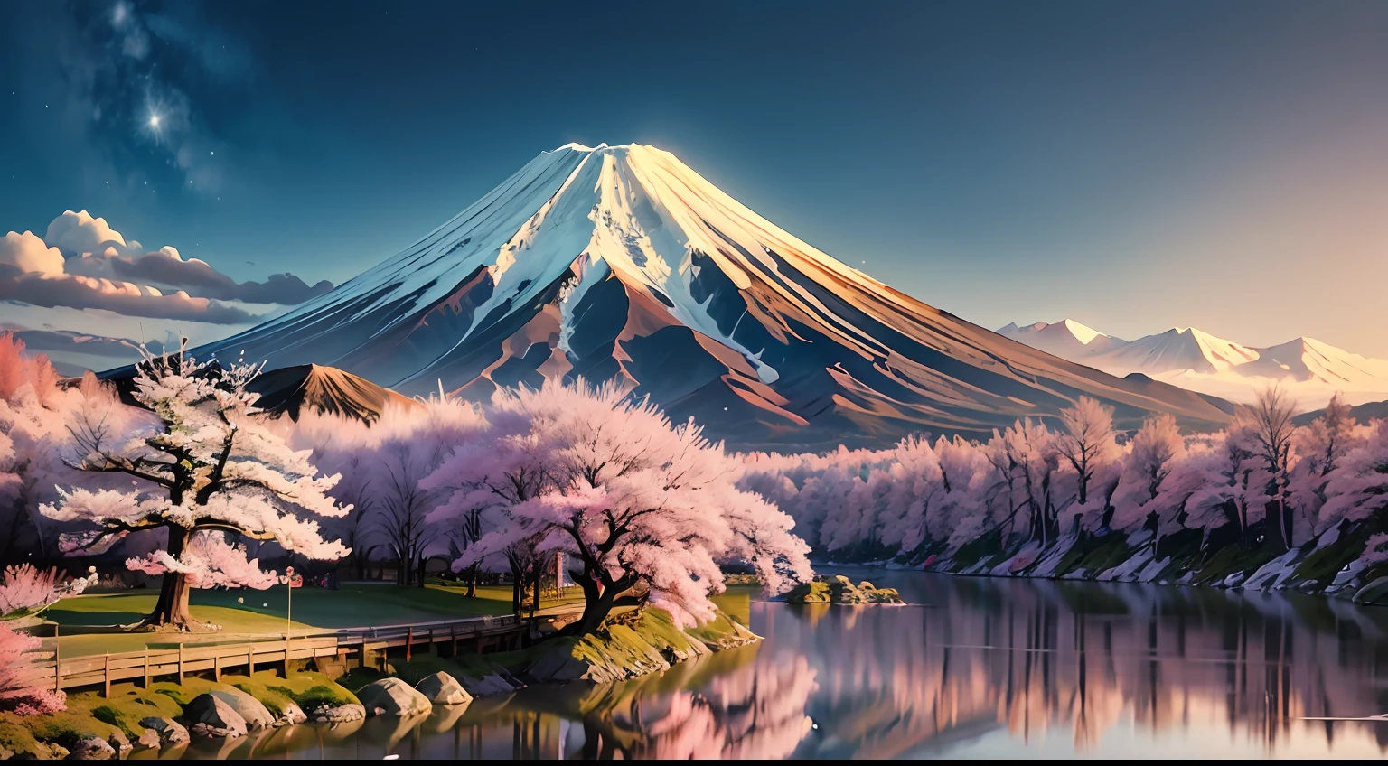 Naturescape photography; Mt.Fuji in Japan, with cherry blossom trees in full bloom in the foreground and the majestic Mt.Fuji in the distance; --ar 16:9 --seed 20230530 --auto --s2
