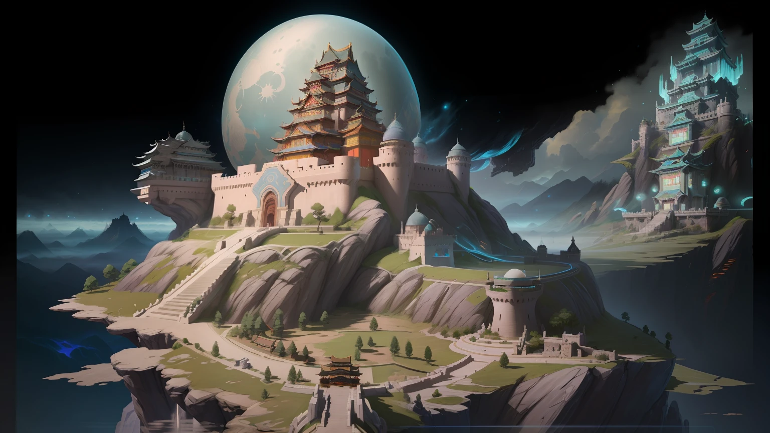 there is a castle on a mountain with a giant egg on top, legend of korra setting, cyberpunk chinese ancient castle, painted as a game concept art, illustration matte painting, background artwork, background art, mysterious temple setting, fantasy highly detailed, 4k highly detailed digital art, painted tower of the moon, concept art highly detailed, stylized concept art