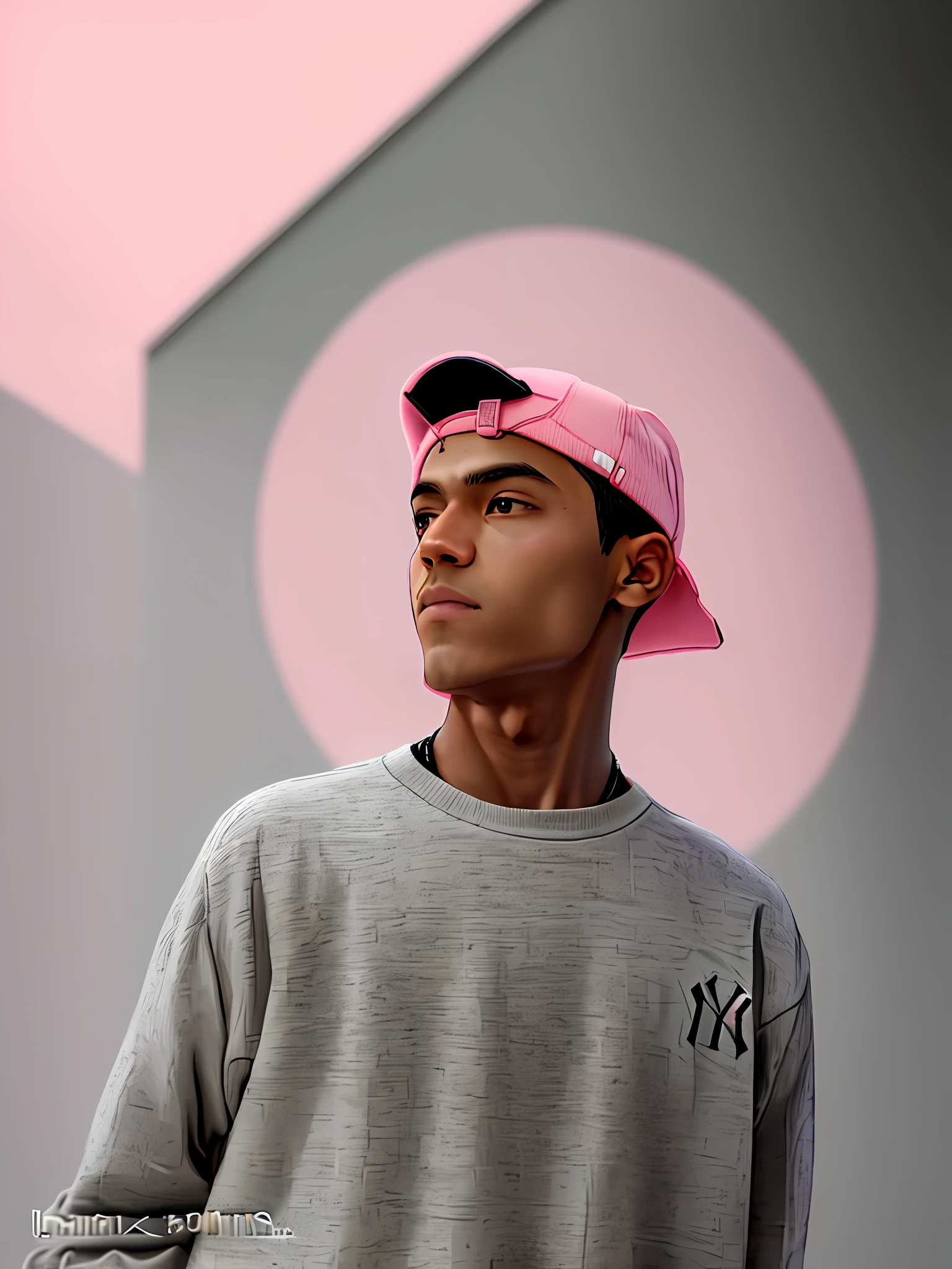 Anime boy caramel skin pink cap back and gray sweater