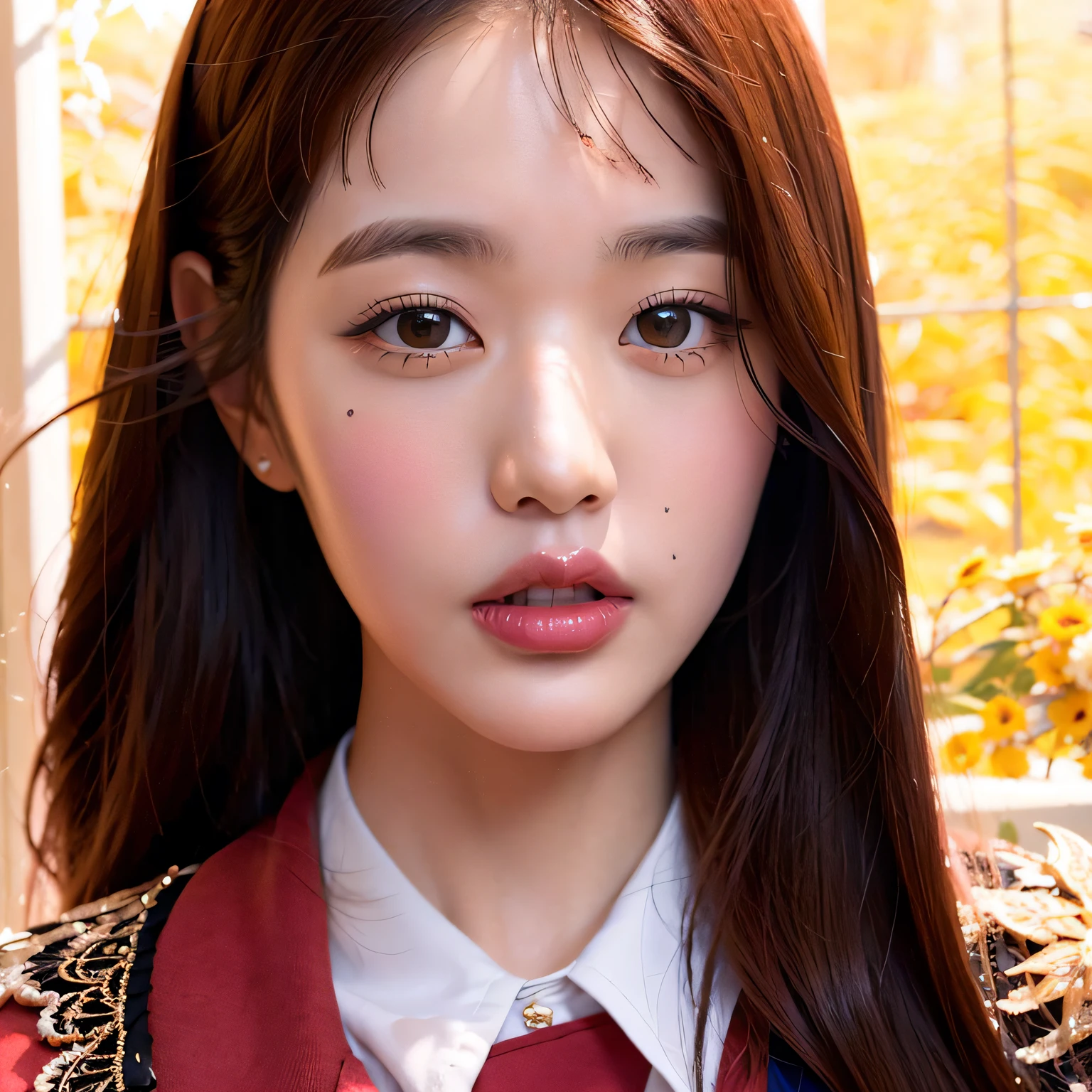 ivewonyoung, smile, on school, RAW,(8k, best quality, masterpiece:1.2),(intricate details:1.4),(photorealistic:1.4),octane render, complex 3d render ultra detailed, studio soft light, rim light, vibrant details, ultra detailed, realistic skin texture, detailed face, beautiful detailed eyes, extremely detailed CG unity 8k wallpaper, makeup, (cowboy shot),(perfect anatomy),(wide hip:1.3),(school red uniform:1.5),