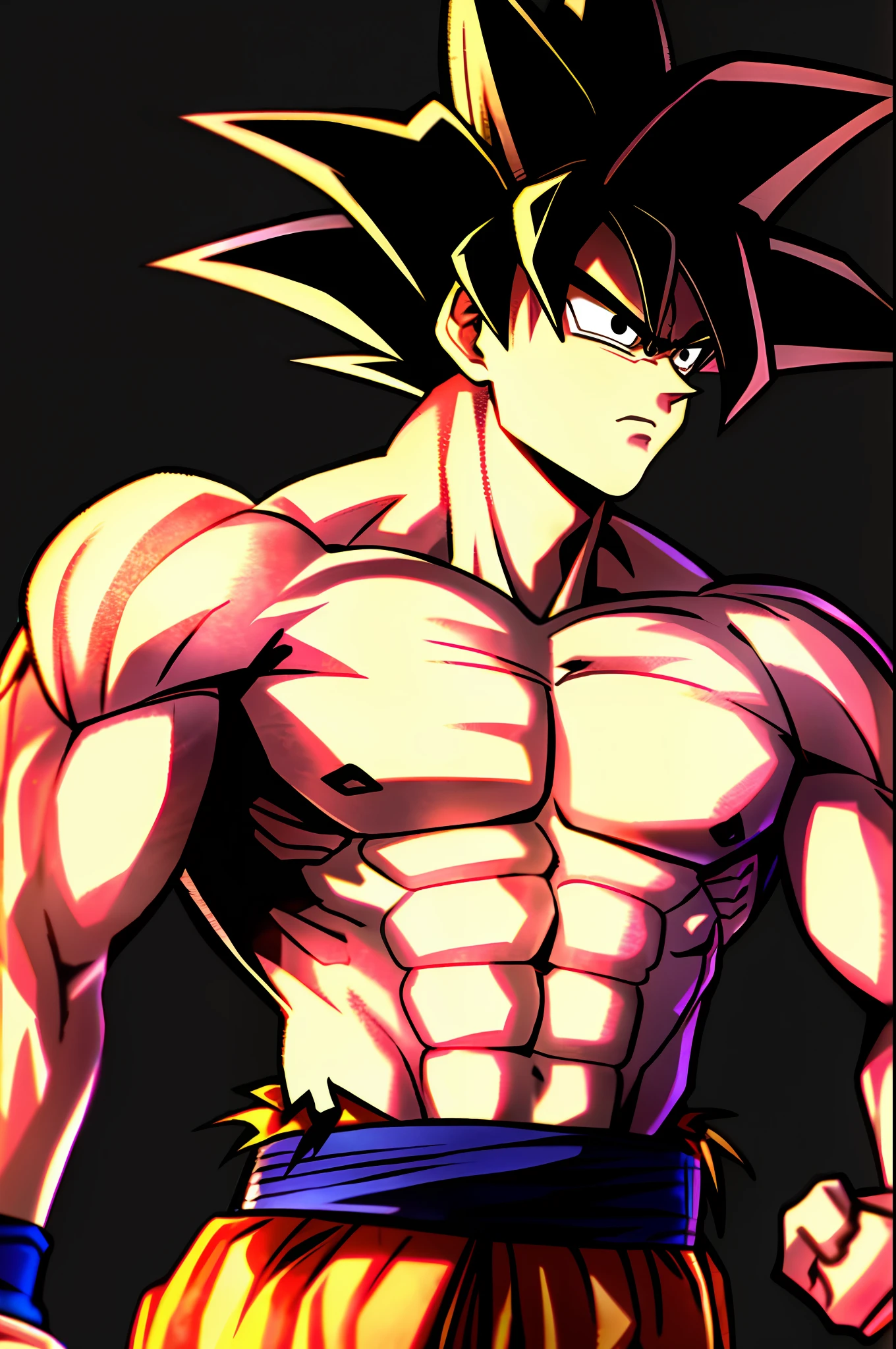 son goku, 1boy, closed mouth, male focus, muscular, muscular male, rock, sash, serious, solo, spiked hair, topless male, torn clothes, ultra instinct, black eyes, black hair, ((masterpiece))