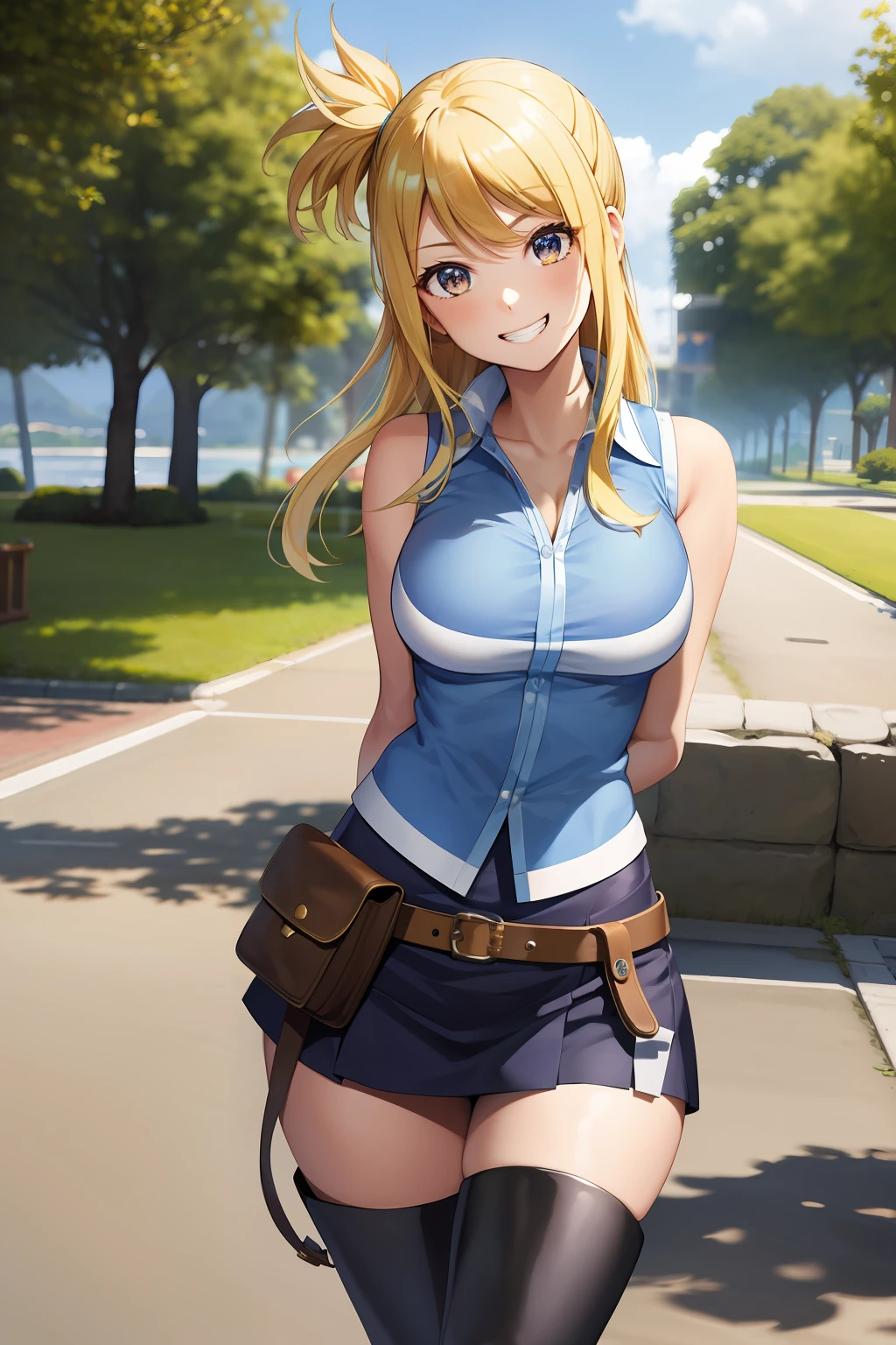 (masterpiece, best quality:1.2), solo, 1girl, lucy heartfilia, grin, looking at viewer, arms behind back, blue sleeveless shirt, miniskirt, belt pouch, thigh boots