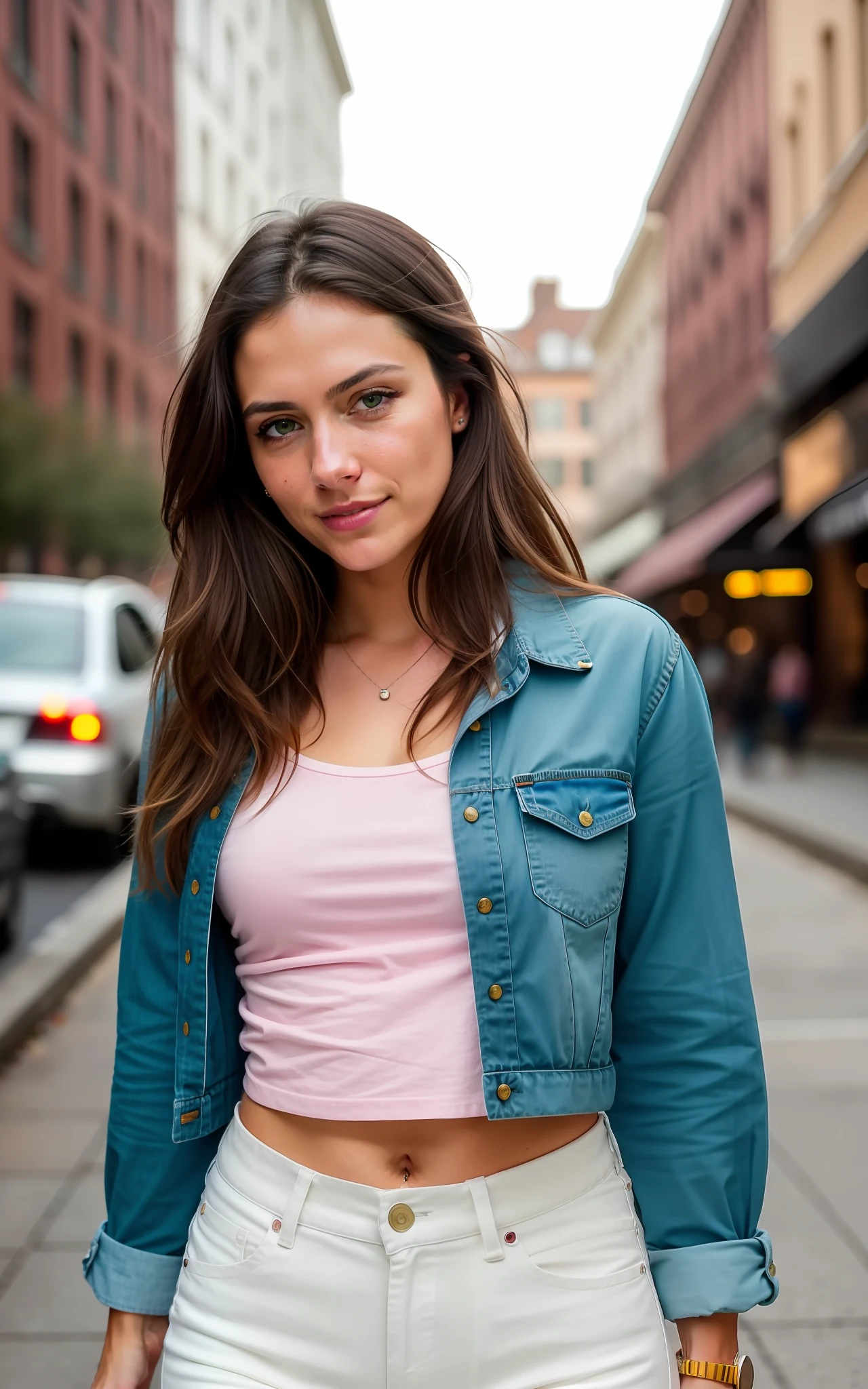 cute beautiful brunette, wearing pink jeans and white Tshirt , (walking on the street), very detailed, 34 years old, flirty face, messy long hair, brown eyes, high-res, masterpiece, best quality,intricate details, highly detailed,sharp focus, detailed skin,realistic skin texture,texture, detailed eyes, professional, 4k, smile, shot on Canon, 85mm,shallow depth of field,kodak vision color, green eyeshadow, extremely detailed, photo_\(ultra\), photorealistic, realistic, post-processing, max detail, roughness, real life, ultra realistic, photorealism, photography, 8k uhd, photography, braless, pokies