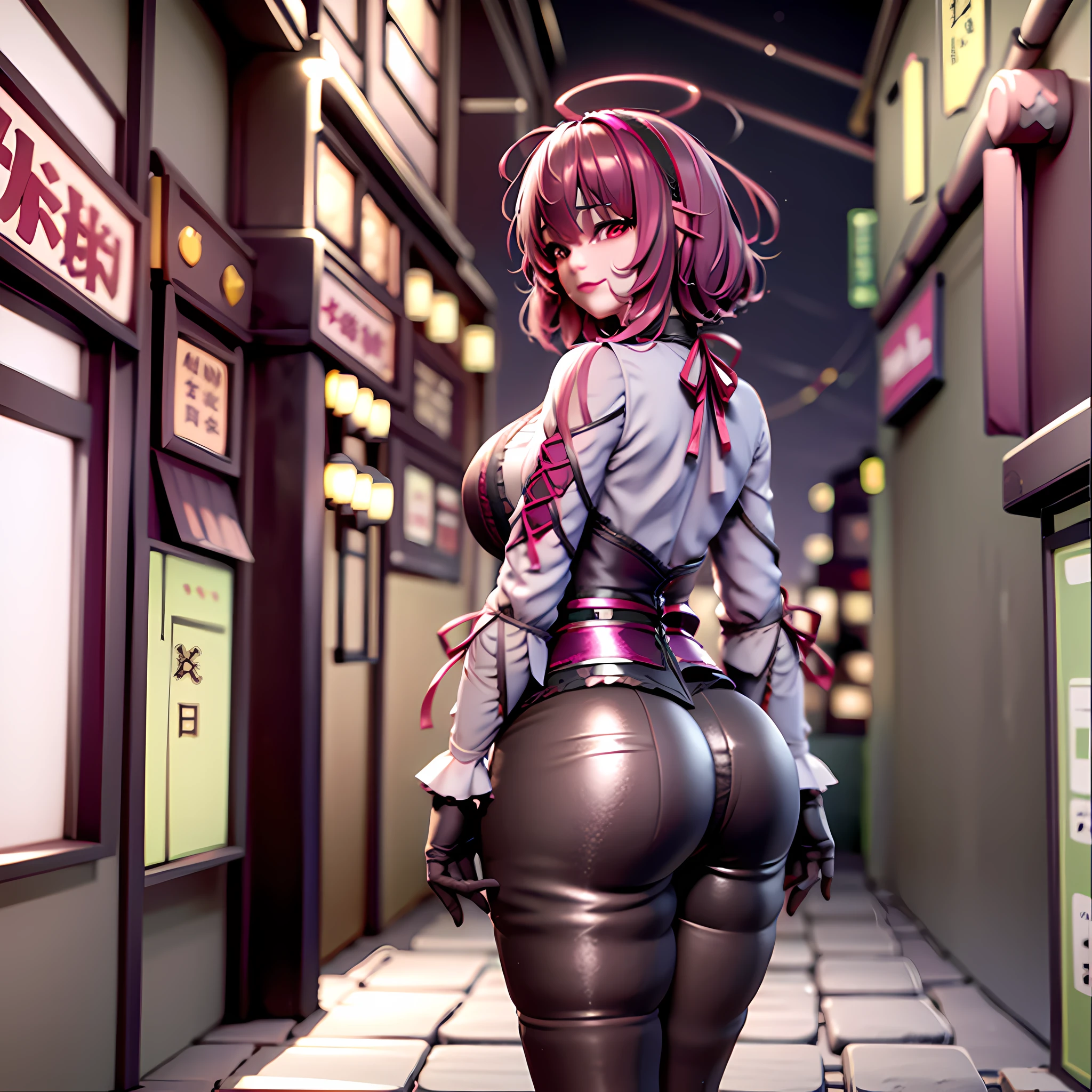 Photo of General Raiden, looking at Inawashiro viewer, street, porcelain, ancient, shadow, masterpiece, superlative)), (1 girl), ((mature woman)), light pink hair, halo, dazzling, ((office lady)), bangs, medium, (plump), slim, smile, [wide buttocks], office, standing, Aru (blue profile).