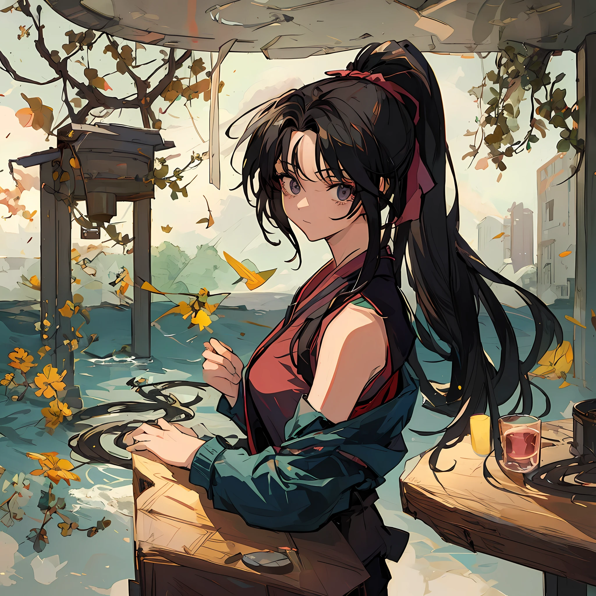 (Masterpiece), (Best Quality), (Super Detail),(Illustration), one Female, Black Hair, Ponytail Hair, by Yoshihiro Togashi