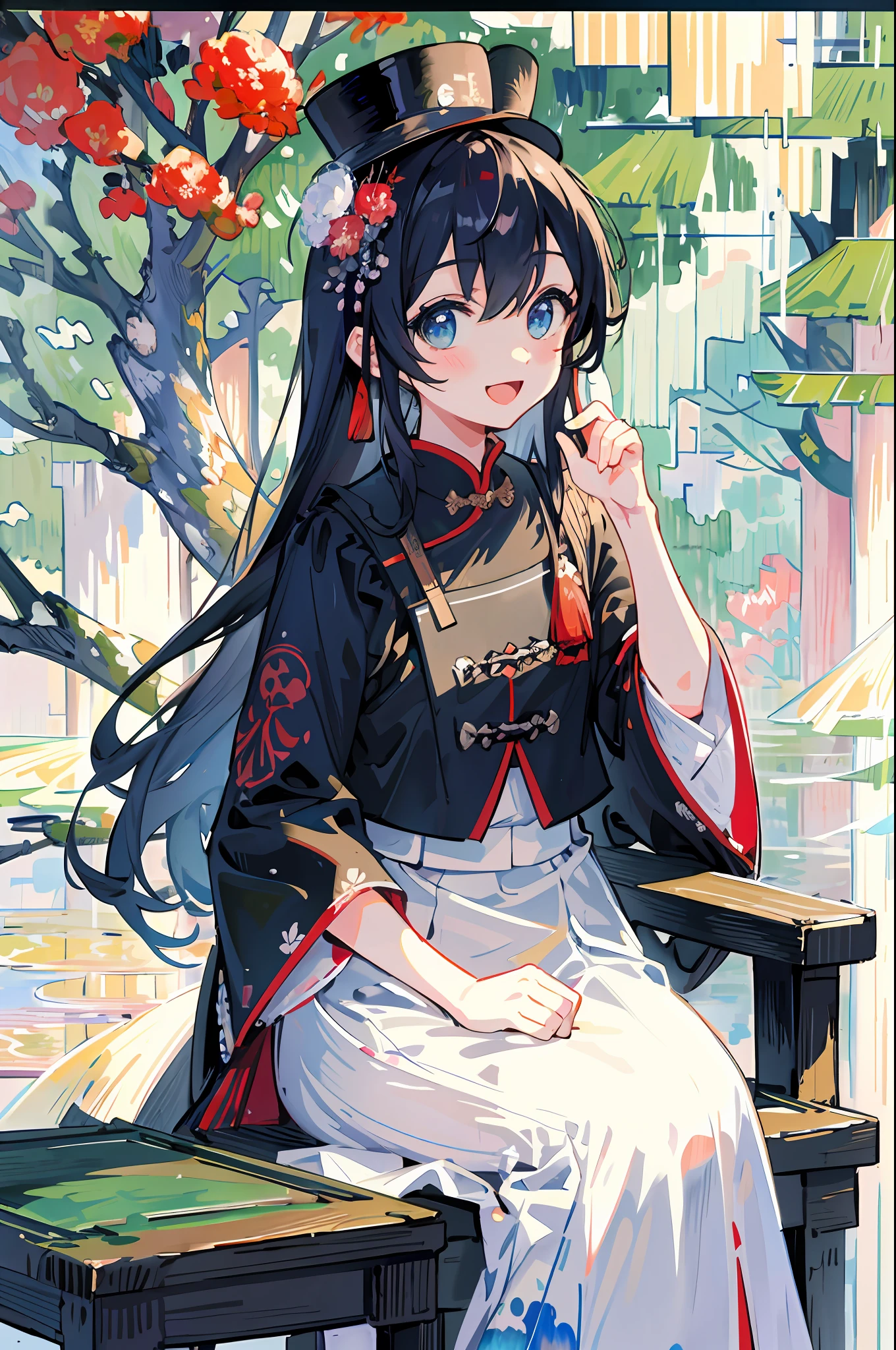 8620 \(Maitetsu\),masterpiece, best quality, ultra-detailed, illustration,looking at viewer,white chinese clothes,:d,sitting,(Impressionism:1.4),