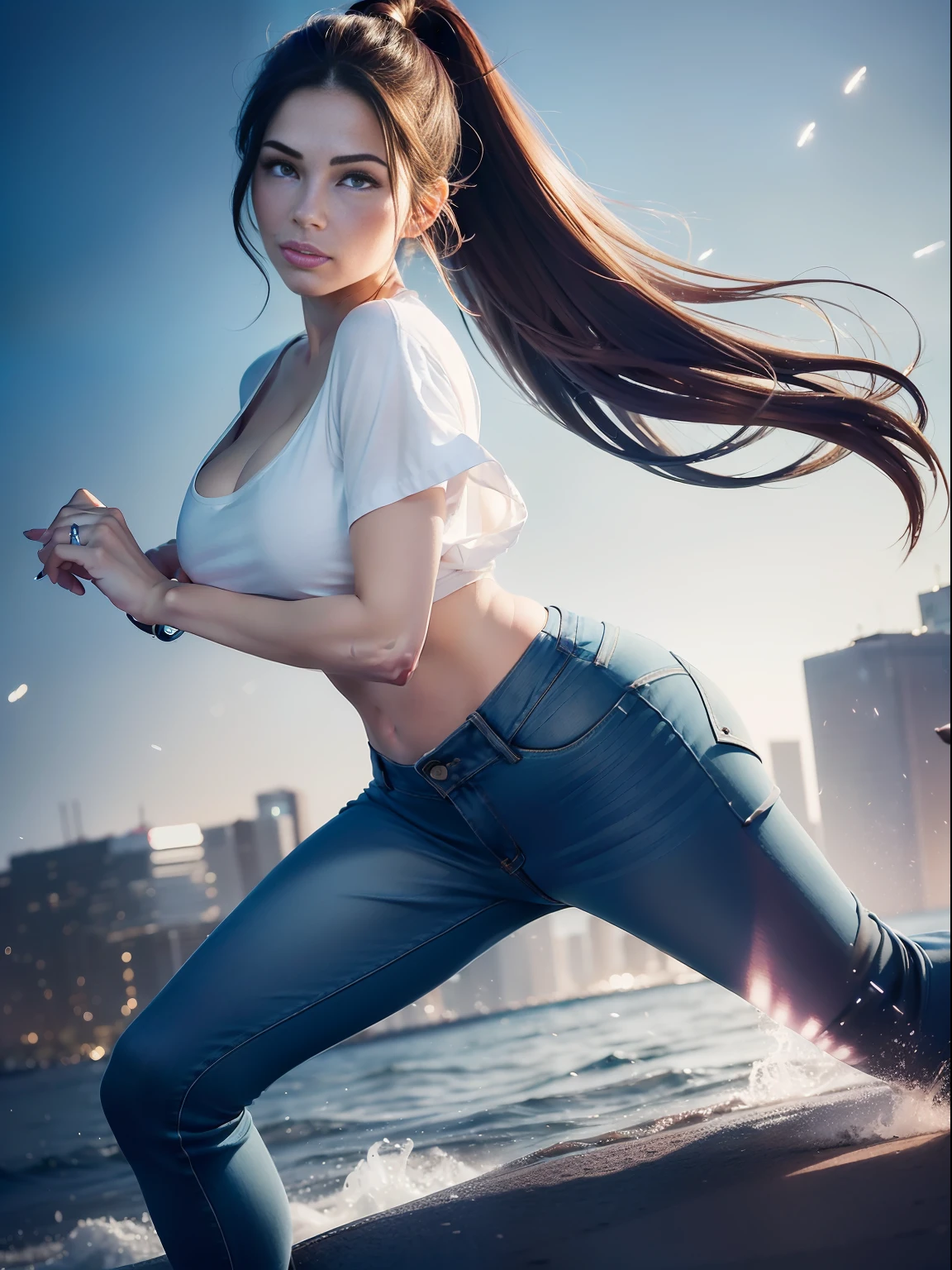 :: JOE MADUREIRA STYLE:: BEAUTIFUL WOMAN perfect and detailed, ultra detailed style clothes with tatoon designs and colors of light pink, black, white and gray, with various full-body attack poses and with immersive effects, hover effect, graphite style background with vibrant colors "ultra hdr" detailed, focus effect, sneakers all star converse black (masterpiece:  1.2, best quality), (finely detailed beautiful eyes: 1.2), extremely detailed hair, depth of field,shot with Canon EOS,lens 135mm f1.8,portrait of [x]((1Girl Kelly Brook Beautiful Woman )),long, straight black hair,with a natural glow and stuck like a ponytail ((Solo)), (Ultra detailed eyes:1.4), (Finely detailed eyes and detailed face:1.3), ), (With ULTRA DETAILED jeans and a white t-shirt with full ultra detailed tatoom print:1.3), (Beautiful and clear background:1.2), (Extremely detailed CG, Ultra-detailed, Best Shadow:1.1),("" character with his super power in the right fist")((Depth of field and blur)), ((Watercolor)), Large breasts, Bare shoulders, Flowers and petals, Beautiful conceptual illustration , (white background:0.5),  (Illustration: 1.1), (extremely fine and beautiful: 1.1), (perfect details: 1.1) graffiti style background, freedom, CRYING AND SAD, digital illustration, perfect ???????, centered, approaching perfection, dynamic, highly detailed, watercolor painting, artstation, concept art, smooth, sharp focus, illustration, perfect ???????, centered, approaching perfection, dynamic, highly detailed, character sheet, artstation, concept art, smooth, sharp focus,  illustration, full body shot, character sheet, lightning wave, beautiful anime watercolor painting,