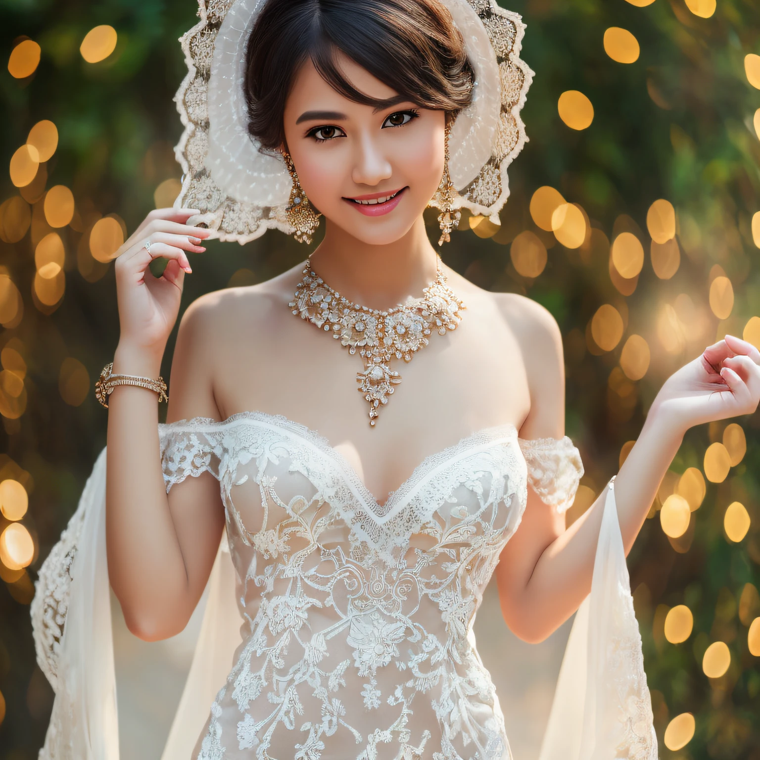 (8k, RAW photo, best quality, masterpiece:1.2),(High detail RAW color photo professional close photograph),(realistic, photo-realistic:1.37),(best shadow),(best illustration), (ultra high res,extremely detailed CG unity 8k wallpaper),(physically-based rendering),(cinematic lighting),(1 girl:1.5),(bokeh:1.4),(collarbone),(shapely), (slim waist),(oval face),(wide shoulder), (intricate lace hair ornament),(full body),(silk stockings),very long white dress,
short hair, necklace, earrings, closed up portrait photo, evening banquet background, smile, --auto --s2