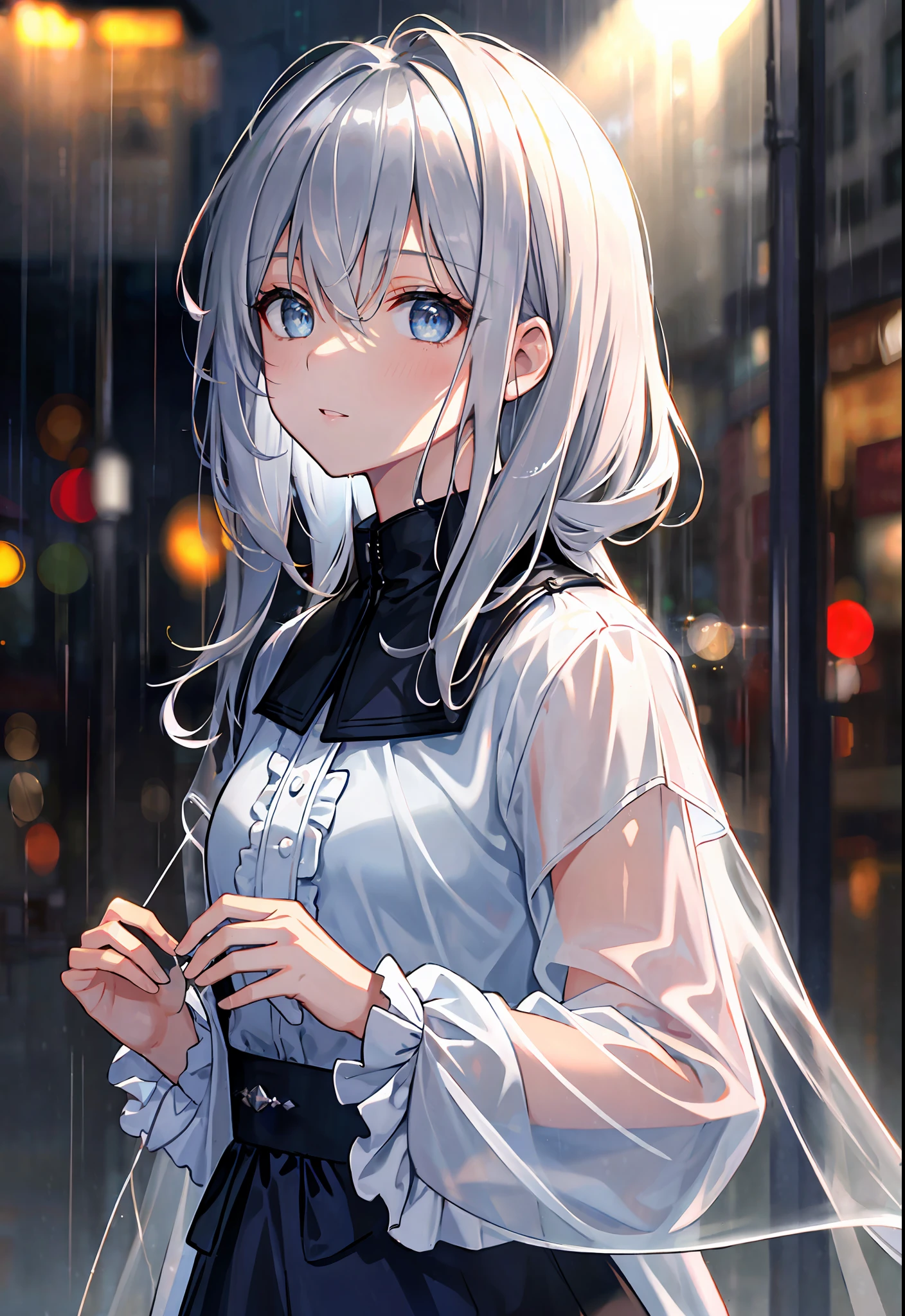 (masterpiece:1.21), (best quality:1.331), ((ultra-detailed)), ((extremely best illustration)), ((amazing)), (hyper quality), gorgeous and rich graphics, (extremely exquisite and beautiful: 1.21), 8k, wallpaper, (extremely beautiful lighting), strong light, delicate composition, (perfect composition), (extremely detailed background: 1.21), Rembrandt style light and shadow expression, deep tone, (low key and high variance color standard), ((depth of field)), deep shadows, dynamic angle, from the side, upper body, radial blur, rain, (city lights, blurred background), (1girl), (beautiful detailed eyes), clear blue eyes, Long silver french braid, camouflage uniform, transparent raincoat, wet clothes, wet skin and wet hair, lens flare, string lights, street, masterpiece, best quality,