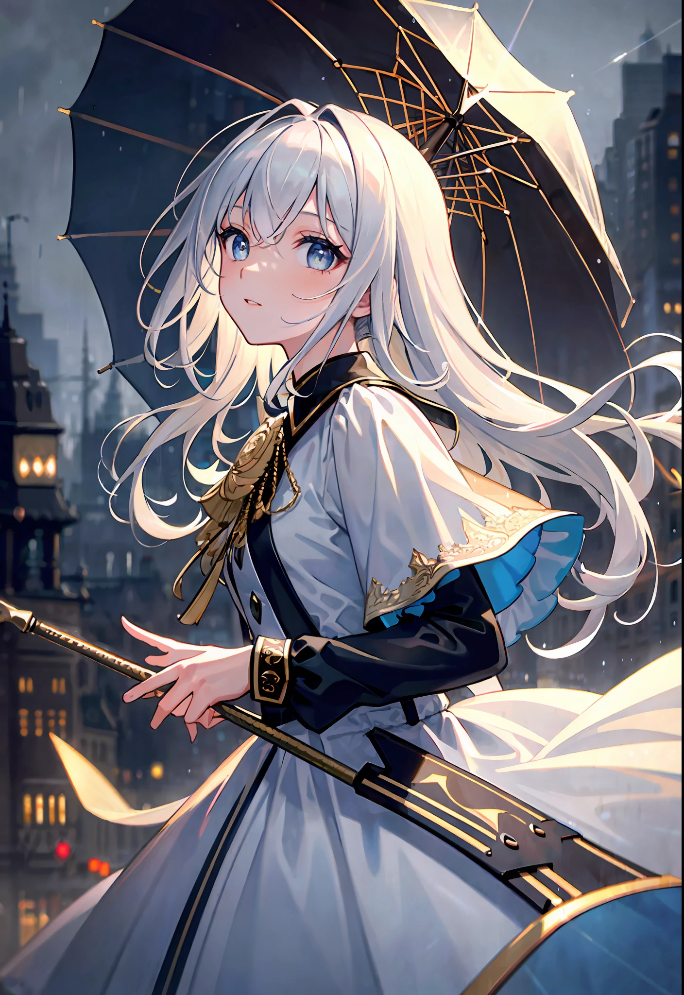 (masterpiece:1.21), (best quality:1.331), ((ultra-detailed)), ((extremely best illustration)), ((amazing)), (hyper quality), gorgeous and rich graphics, (extremely exquisite and beautiful: 1.21), 8k, wallpaper, (extremely beautiful lighting), strong light, delicate composition, (perfect composition), (extremely detailed background: 1.21), Rembrandt style light and shadow expression, deep tone, (low key and high variance color standard), ((depth of field)), deep shadows, dynamic angle, from the side, upper body, radial blur, rain, (city lights, blurred background), (1girl), (beautiful detailed eyes), clear blue eyes, Long silver french braid, camouflage uniform, transparent raincoat, wet clothes, wet skin and wet hair, lens flare, string lights, street, masterpiece, best quality,