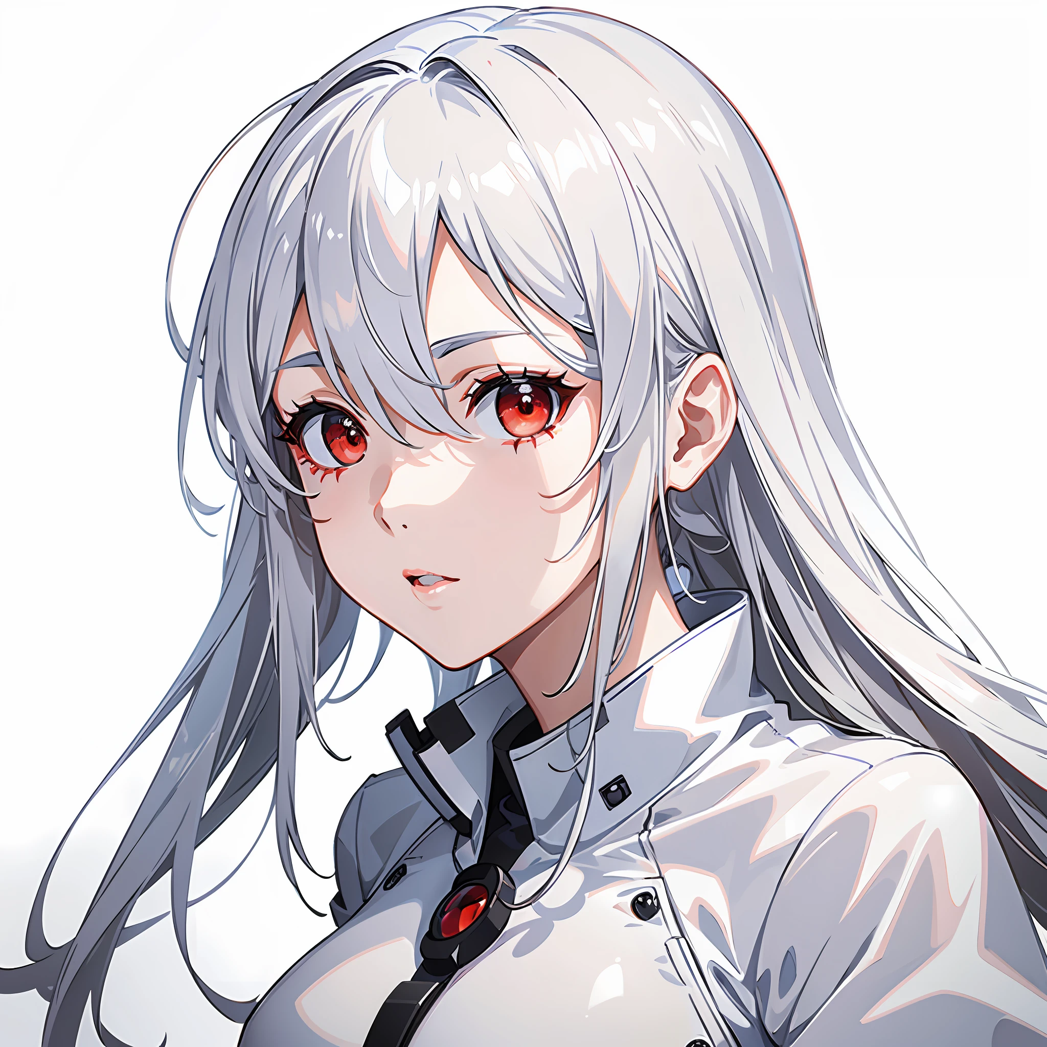 (artwork), (masterpiece)0.9], (amazing eye details:1.4)0.3], shimmering red eyes, (long white hairs:1.1), (extremely detailed 8k CG unit wallpaper)0.2], setting of a beautiful and technological laboratory, wearing a white jumpsuit with beautiful technological details.