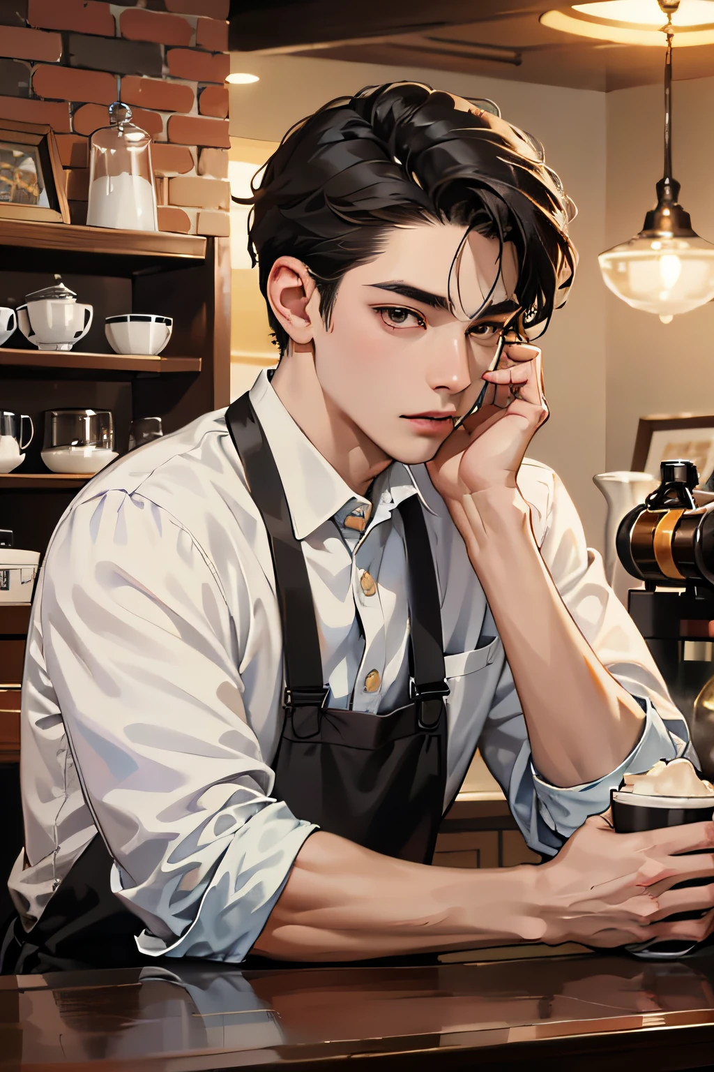 official art, ultra detailed, masterpiece, best quality, absurdres, highres, 1man, 24yo, serving coffee, coffee shop, coffee, milk tea, short black hair, brown eye, finely eye and detailed face, delicate face, detailed hair, forehead