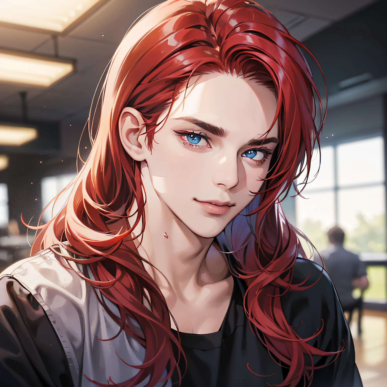 ( best quality ) a sexy man, vibrant red hair and blue eyes, fitness, black clothes. seductive look, smile,looking forward,(round face:1.1), background,(cafeteria,1.1), Close Up: 1.2,(Physical Rendering, Professional Lighting, Photon Mapping, Radiosity, Soft Light, Lens Reflection: 1.3), Tint Color, --auto --s2