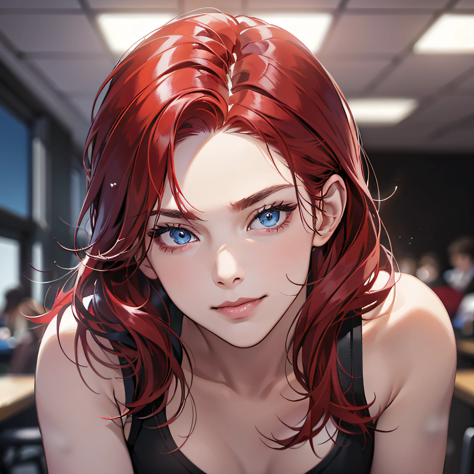 ( best quality ) a sexy man, vibrant red hair and blue eyes, fitness, black clothes. seductive look, smile,looking forward,(round face:1.1), background,(cafeteria,1.1), Close Up: 1.2,(Physical Rendering, Professional Lighting, Photon Mapping, Radiosity, Soft Light, Lens Reflection: 1.3), Tint Color, --auto --s2