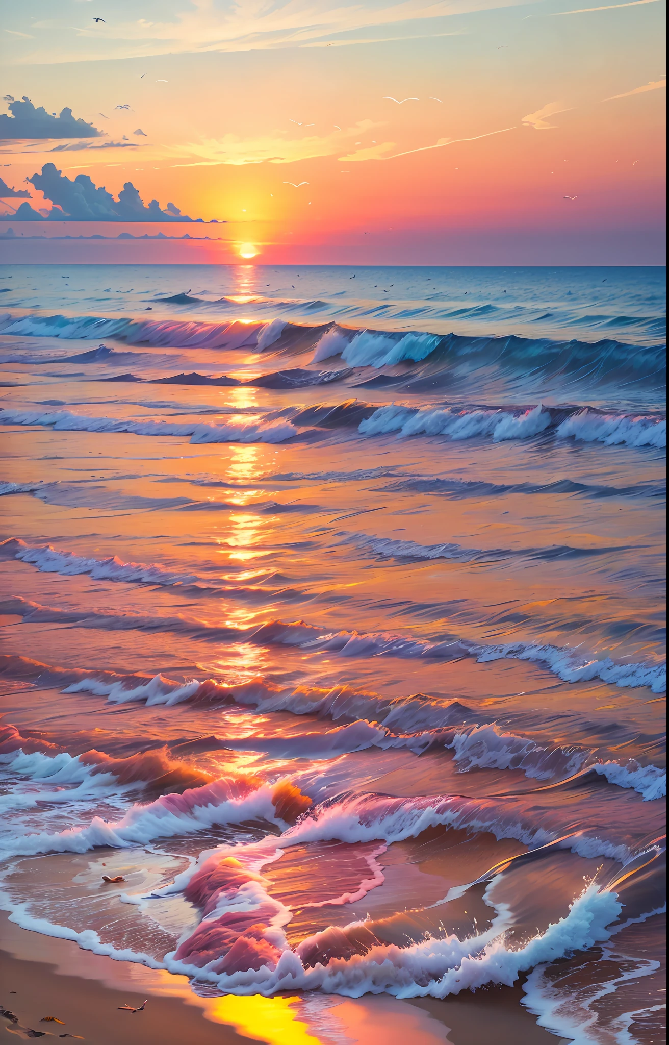 An absolutely mesmerizing sunset on the beach, with a mix of orange, pink, and yellow in the sky. The water is crystal clear, gently kisses the coast, and the white sand is endless. The scene is dynamic and breathtaking, with seagulls soaring high in the sky and palm trees swaying softly. Immerse yourself in the calm atmosphere and let the serenity surround you.