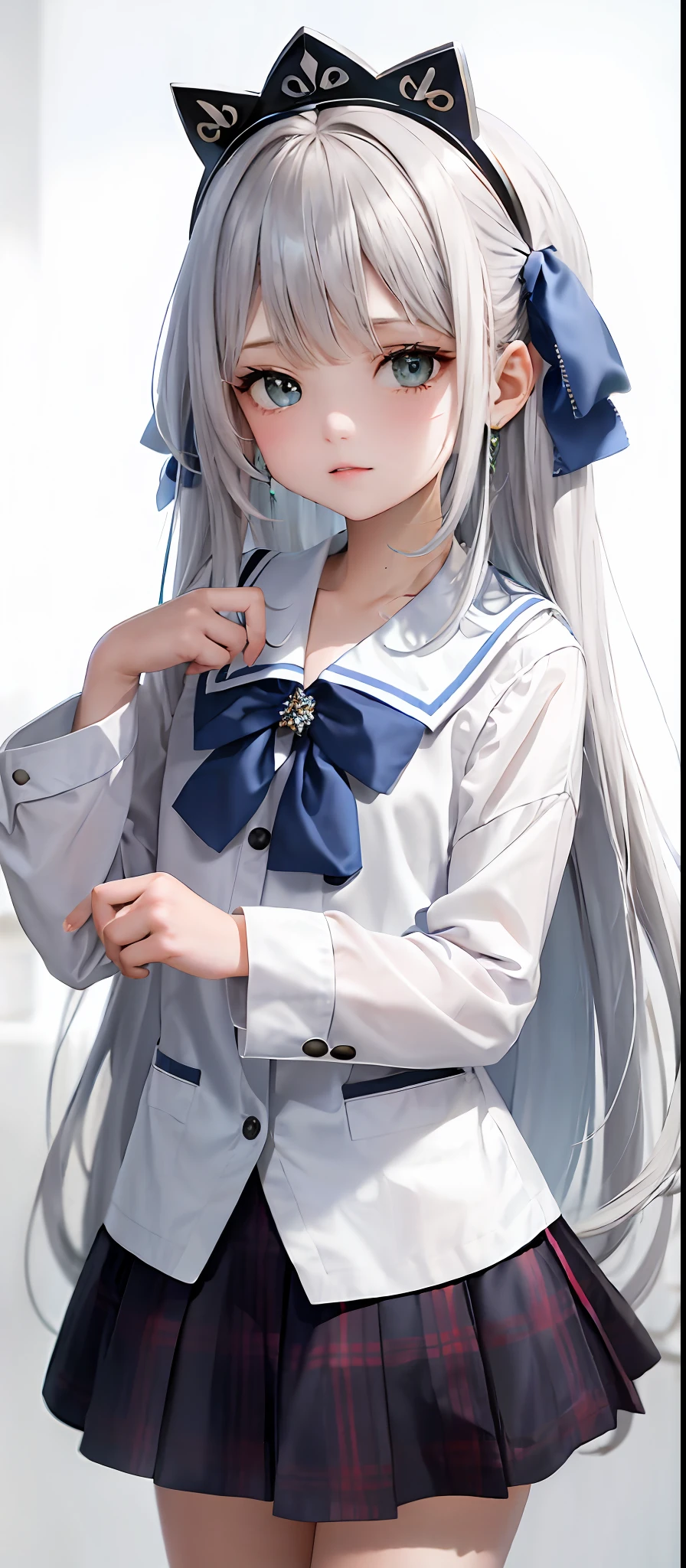 1girl, (masterpiece:1.1), (best quality:1.1), (white blouse:1.1), (plaid skirt:1.1), school uniform, high waist skirt, BREAK [blue:pink:0.5] theme, (gradient background:1.1 ), cowboy shot, BREAK silver hair, long hair,, green eyes, delicate headgear, looking sideways,