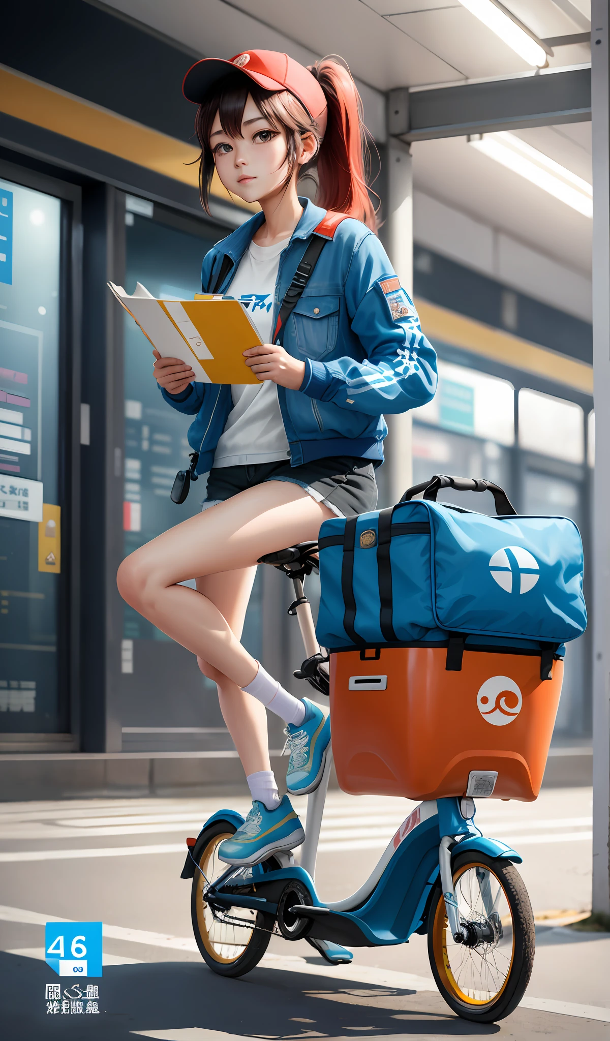 4K resolution, realistic effect, very detailed, the scene is inside the express station, a cute girl (courier) appears, dressed in SF Express clothing, white theme clothes, cute hair (double ponytail), age 22 years old, full body appearance, wearing white and blue sneakers and blue gloves, holding a red courier bag (1.6 weight), at this time she appears in a hurry on the street where motor vehicles flow on her bicycle (driving a courier tricycle 1.4 weight), and has anime elements and a background of solo music. (rush 0.8 weight)