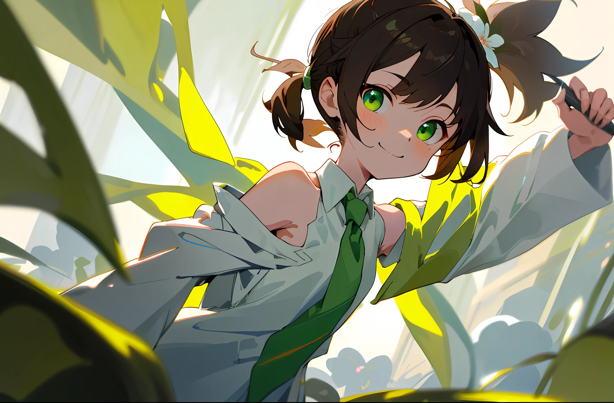 A , brown ponytail, white skin, short man, green eyes, masterpiece, punk jacket, white shirt, green tie, off-the-shoulders, open sleeves, light smile, flower, quiet, restrained, camera in hand, depth of field, sunshine, official art, ark of tomorrow, azure fantasy