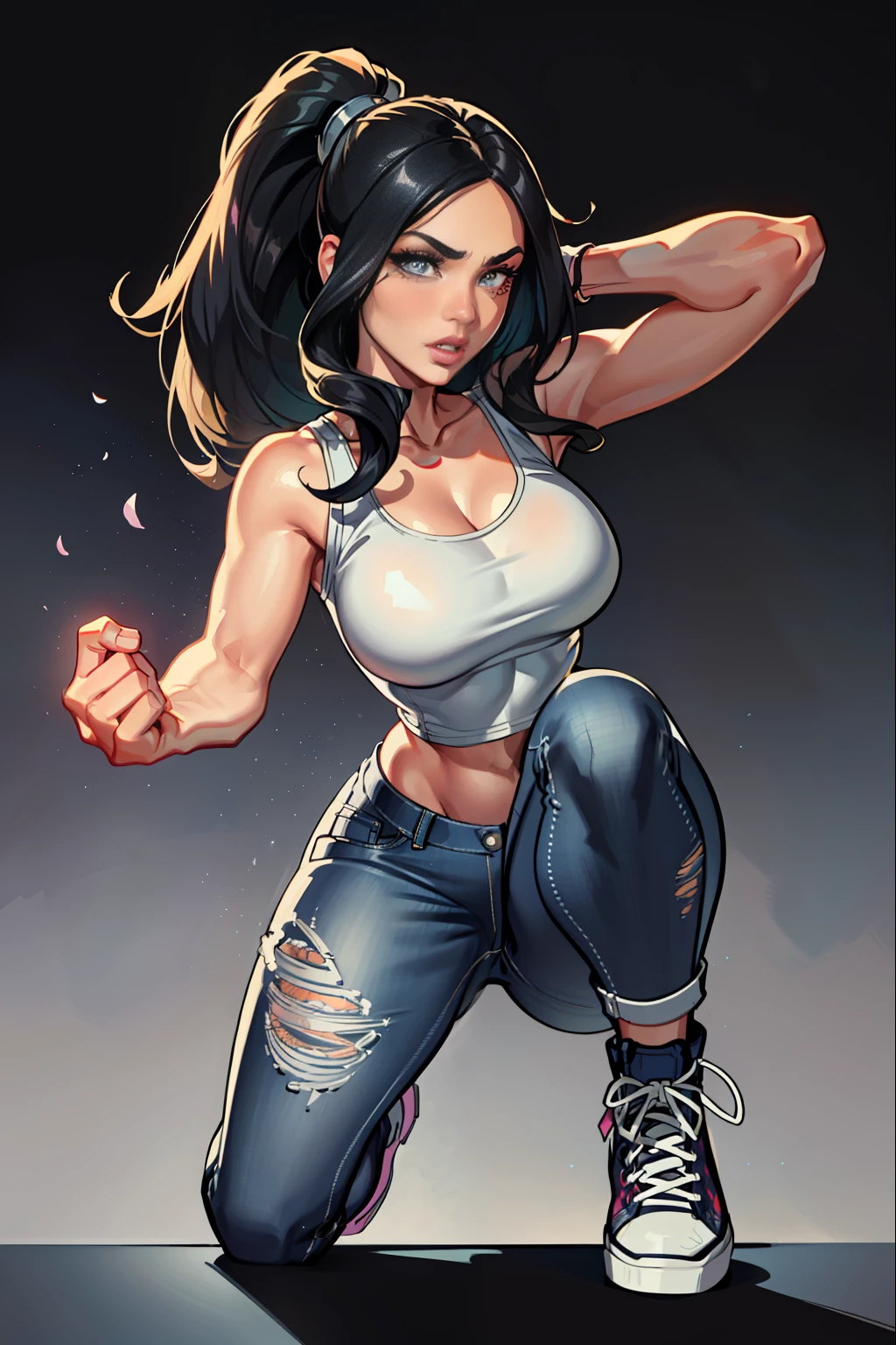 :: JOE MADUREIRA STYLE:: BEAUTIFUL WOMAN perfect and detailed, ultra detailed style clothes with tatoon designs and colors of light pink, black, white and gray, with various full-body attack poses and with immersive effects, hover effect, graphite style background with vibrant colors "ultra hdr" detailed, focus effect, sneakers all star converse black (masterpiece:  1.2, best quality), (finely detailed beautiful eyes: 1.2), extremely detailed hair, depth of field,shot with Canon EOS,lens 135mm f1.8,portrait of [x]((1Girl Kelly Brook Beautiful Woman )),long, straight black hair,with a natural glow and stuck like a ponytail ((Solo)), (Ultra detailed eyes:1.4), (Finely detailed eyes and detailed face:1.3), ), (With ULTRA DETAILED jeans and a white t-shirt with full ultra detailed tatoom print:1.3), (Beautiful and clear background:1.2), (Extremely detailed CG, Ultra-detailed, Best Shadow:1.1),("" character with his super power in the right fist")((Depth of field and blur)), ((Watercolor)), Large breasts, Bare shoulders, Flowers and petals, Beautiful conceptual illustration , (white background:0.5),  (Illustration: 1.1), (extremely fine and beautiful: 1.1), (perfect details: 1.1) background graffiti style, freedom, soul, digital illustration, perfect anatomy, centered, approaching perfection, dynamic, highly detailed, watercolor painting, artstation, concept art, smooth, sharp focus, illustration, perfect anatomy, centered, approaching perfection, dynamic, highly detailed, character sheet, artstation, concept art, smooth, sharp focus, illustration, full body shot,