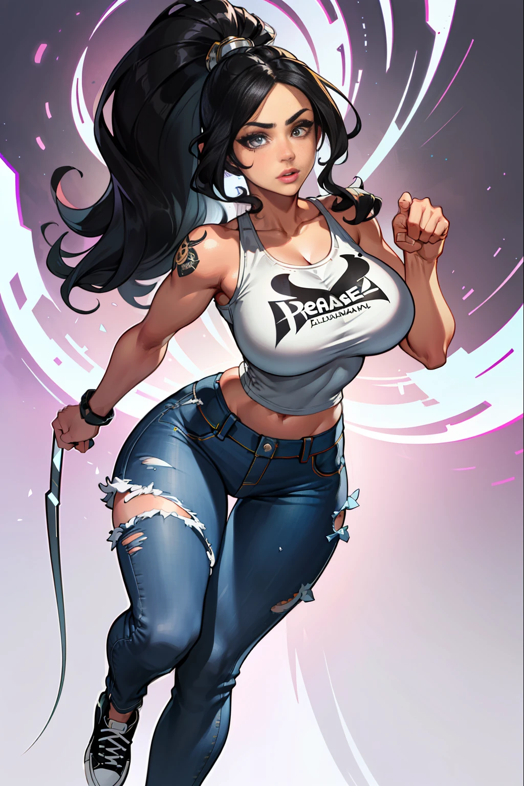 :: JOE MADUREIRA STYLE:: BEAUTIFUL WOMAN perfect and detailed, ultra detailed style clothes with tatoon designs and colors of light pink, black, white and gray, with various full-body attack poses and with immersive effects, hover effect, graphite style background with vibrant colors "ultra hdr" detailed, focus effect, sneakers all star converse black (masterpiece:  1.2, best quality), (finely detailed beautiful eyes: 1.2), extremely detailed hair, depth of field,shot with Canon EOS,lens 135mm f1.8,portrait of [x]((1Girl Kelly Brook Beautiful Woman )),long, straight black hair,with a natural glow and stuck like a ponytail ((Solo)), (Ultra detailed eyes:1.4), (Finely detailed eyes and detailed face:1.3), ), (With ULTRA DETAILED jeans and a white t-shirt with full ultra detailed tatoom print:1.3), (Beautiful and clear background:1.2), (Extremely detailed CG, Ultra-detailed, Best Shadow:1.1),("" character with his super power in the right fist")((Depth of field and blur)), ((Watercolor)), Large breasts, Bare shoulders, Flowers and petals, Beautiful conceptual illustration , (white background:0.5),  (Illustration: 1.1), (extremely fine and beautiful: 1.1), (perfect details: 1.1) background graffiti style, freedom, soul, digital illustration, perfect anatomy, centered, approaching perfection, dynamic, highly detailed, watercolor painting, artstation, concept art, smooth, sharp focus, illustration, perfect anatomy, centered, approaching perfection, dynamic, highly detailed, character sheet, artstation, concept art, smooth, sharp focus, illustration, full body shot,
