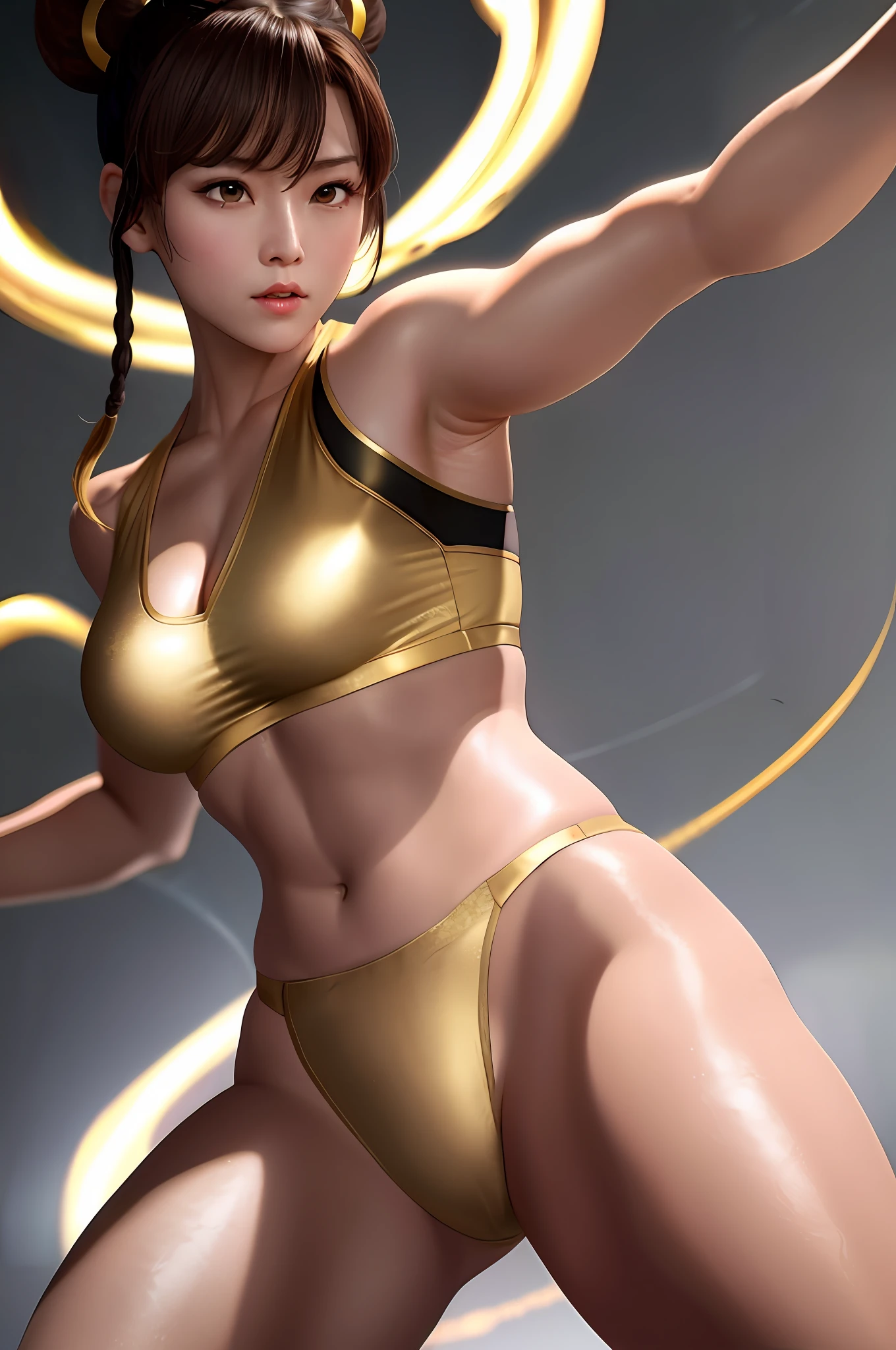 Chun Li with dark blonde hair with golden shimmer in Barely Dressed Weekly Fight Pose