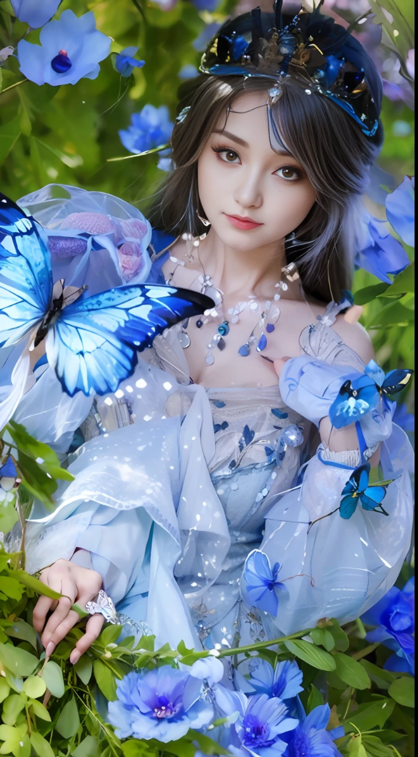 there is a girl in a blue dress holding a butterfly, 4 k detail fantasy, 8k)), ((a beautiful fantasy empress)), blue adornements, fantasy beautiful, blue soft details, fairycore, with blue skin, beautiful fairy, glowing blue butterflies, aesthetic cute with flutter, 8k high quality detailed art, ball jointed doll