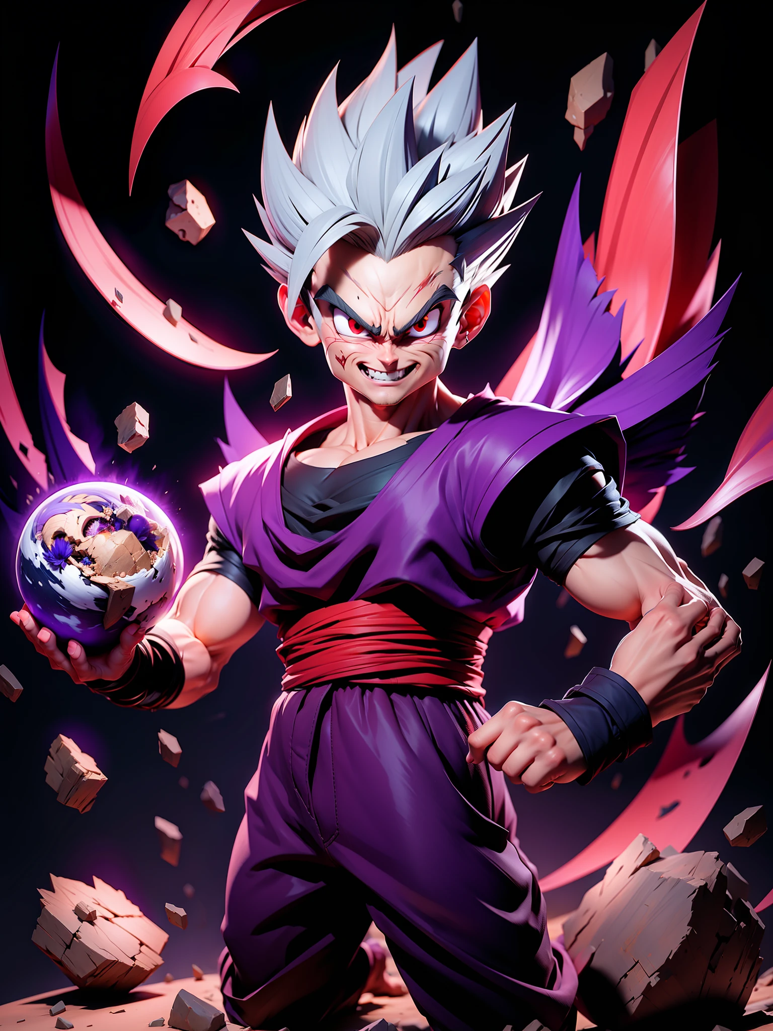 masterpiece, best quality, ultra-detailed, Adult Gohan 1boy, solo, Full body, evil smile, grey hair, spiked hair, (((red eyes))), (((perfect eyes))), (((PURPLE dougi))), full body, looking at viewer, male focus, earth \(planet\), planet, space, cracked ground and lots of rocks rising up, lots of debris going up, perfect hands . Cute, chibi,