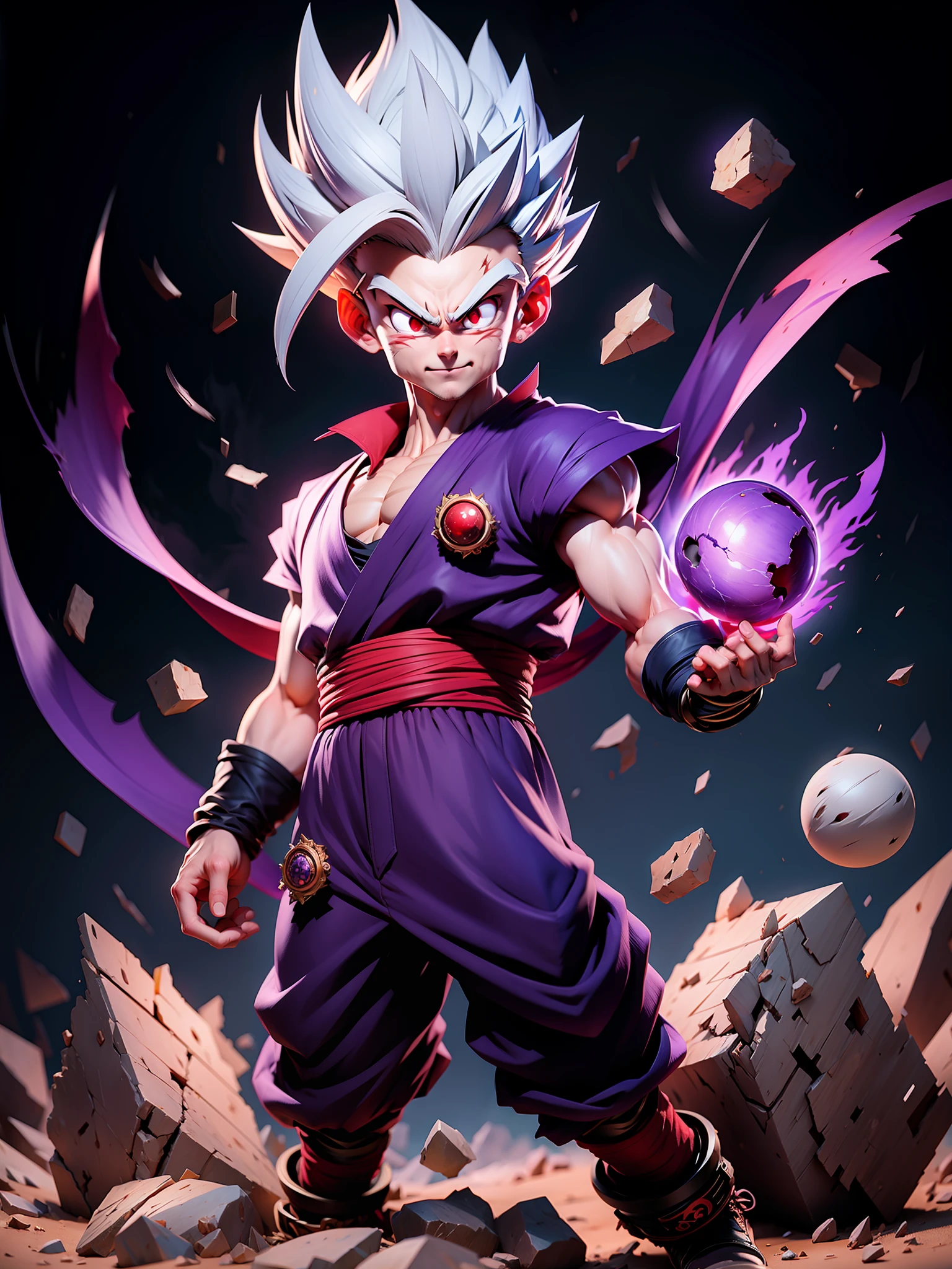 masterpiece, best quality, ultra-detailed, Adult Gohan 1boy, solo, Full body, evil smile, grey hair, spiked hair, (((red eyes))), (((perfect eyes))), (((PURPLE dougi))), full body, looking at viewer, male focus, earth \(planet\), planet, space, cracked ground and lots of rocks rising up, lots of debris going up, perfect hands . Cute, chibi,