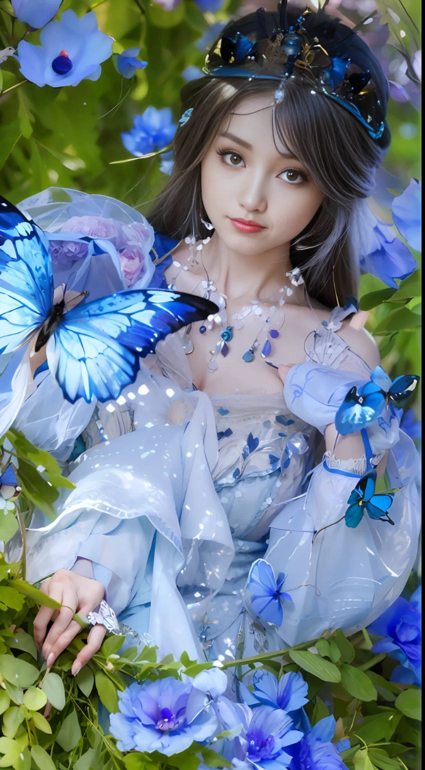 there is a girl in a blue dress holding a butterfly, 4 k detail fantasy, 8k)), ((a beautiful fantasy empress)), blue adornements, fantasy beautiful, blue soft details, fairycore, with blue skin, beautiful fairy, glowing blue butterflies, aesthetic cute with flutter, 8k high quality detailed art, ball jointed doll