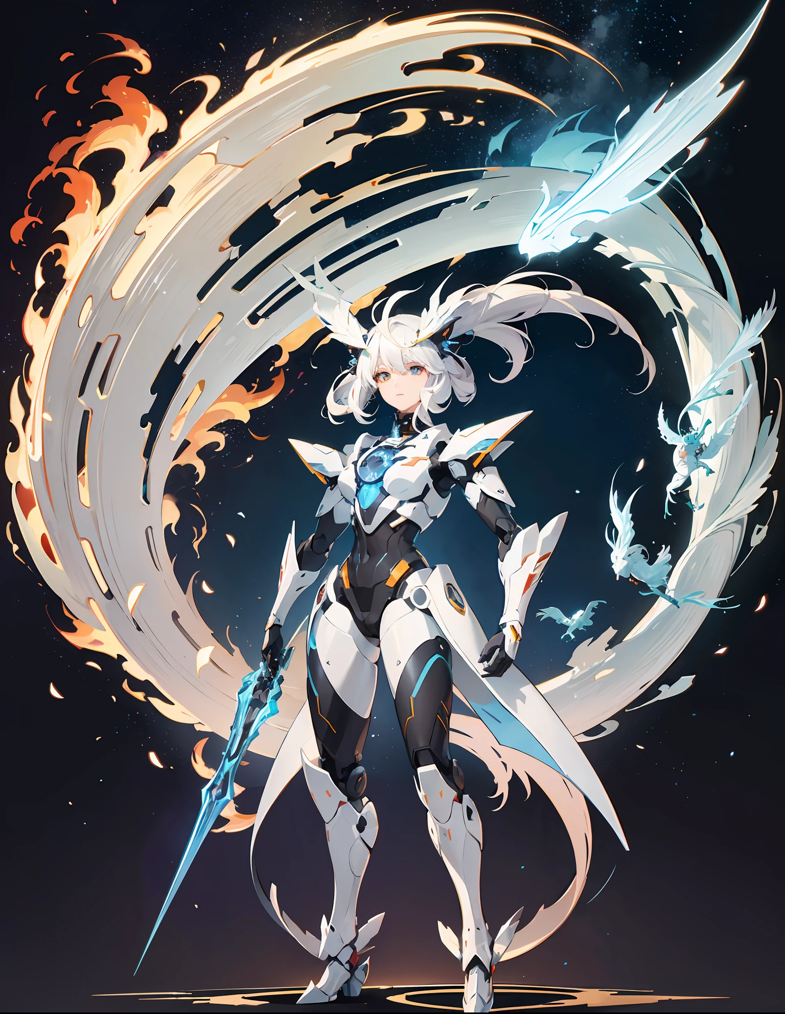 A beautiful robot like a science fiction drama, with white hair, (dragon and phoenix mecha appearance: 1.9), half-body, high quality, ultra HD, 16K