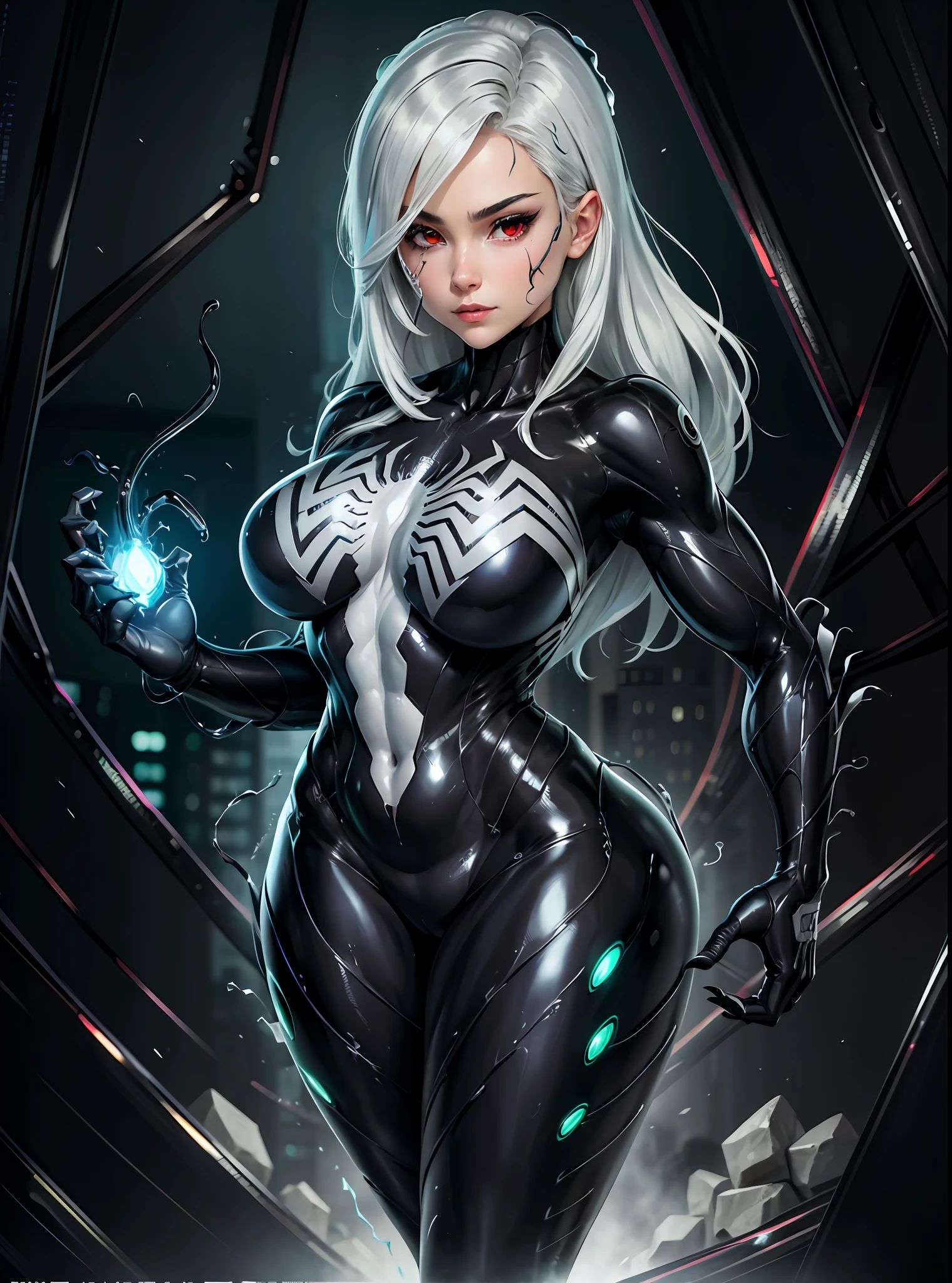 girl, beautiful, symbiote, scared, black slime, octane render, bioluminescent,8K resolution concept art, realism,by Mappa studios,masterpiece,best quality,official art,illustration,ligne claire,(cool_color),perfect composition,absurdres, tall body, sexy pose, medium breast, white hair, glowing red eyes, spider man symbiote suit,close shot, girl focus, full body