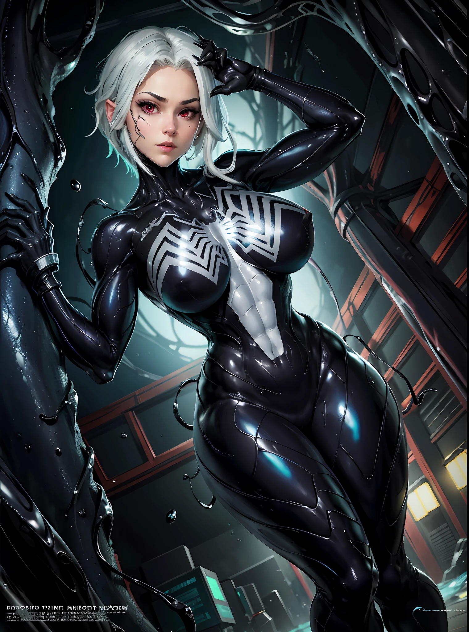 girl, beautiful, symbiote, scared, black slime, octane render, bioluminescent,8K resolution concept art, realism,by Mappa studios,masterpiece,best quality,official art,illustration,ligne claire,(cool_color),perfect composition,absurdres, tall body, sexy pose, medium breast, white hair, glowing red eyes, spider man symbiote suit,close shot, girl focus, full body