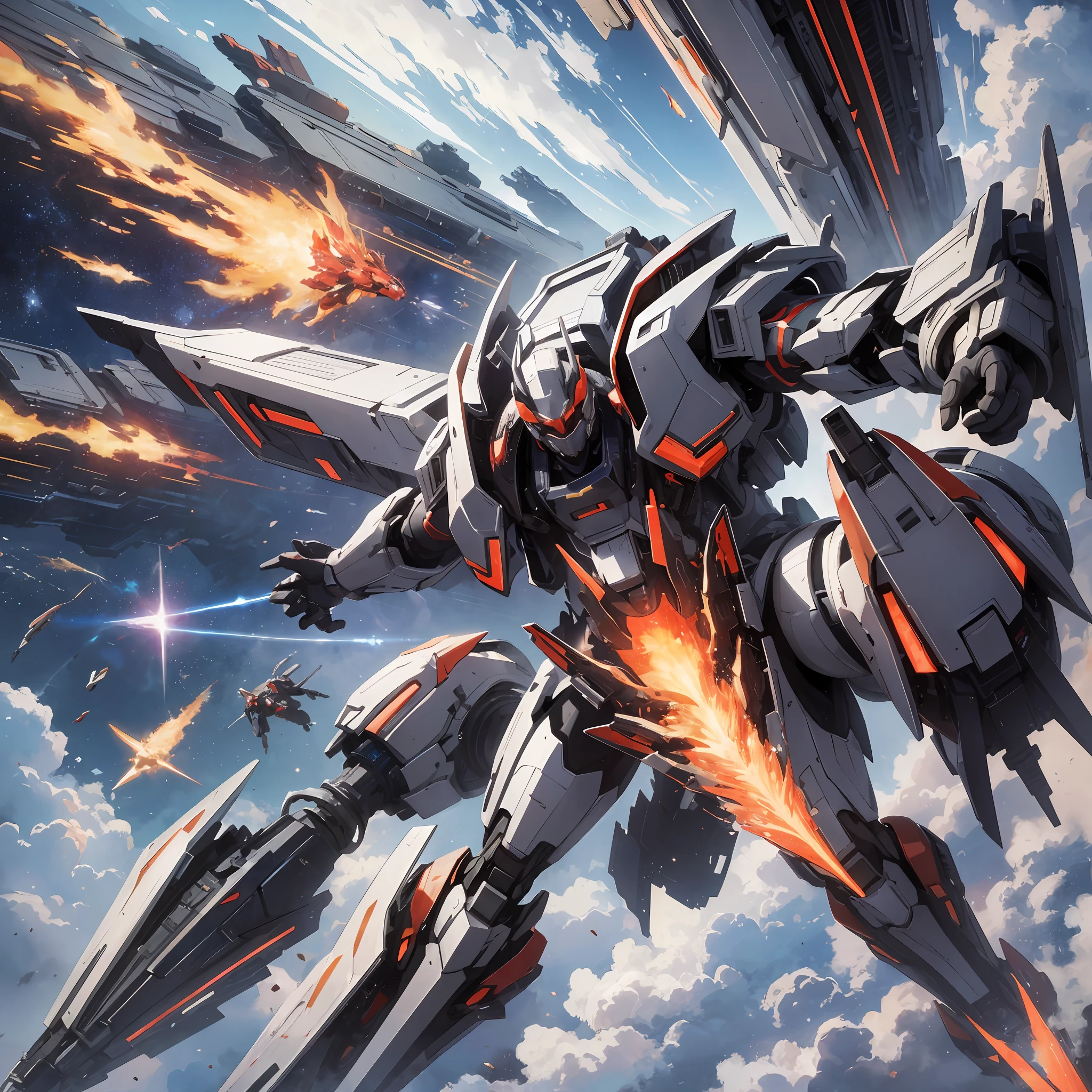 Absurd resolution, high resolution, (masterpiece: 1.4), hyper-detail, a mech, red armor, flying in space with a long tail flame under the feet (1.6), seeing a gray planet (1.5)