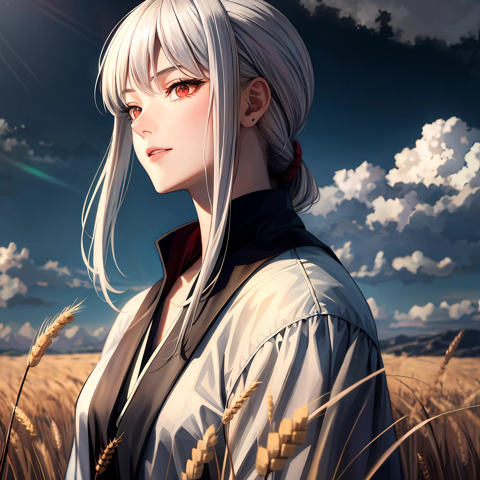 Masterpiece, best quality, 1girl, portrait, white hair, ponytail, red eyes, samurai, wheat landscape, sun, clouds, (neutral color), (HDR: 1.4)