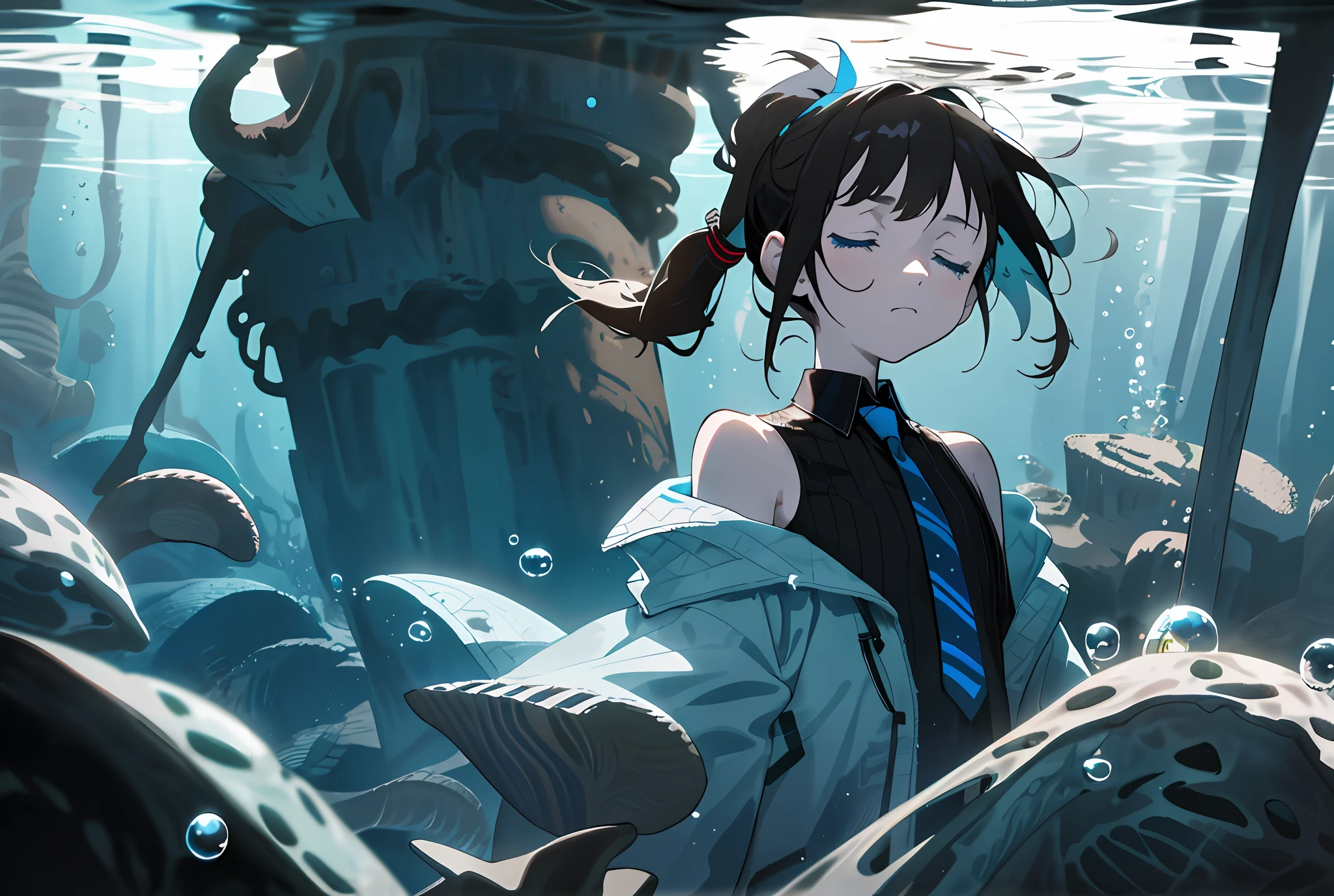 A little girl, brown ponytail, white skin, short man, blue eyes, closed eyes, masterpiece, punk jacket, shirt, blue tie, bare shoulders, open sleeves, expressionless, cold, (concept art), fall into the deep sea, sea, bubbles, sadness, official art, dramatic light, dramatic shadow, ark of tomorrow, azure fantasy