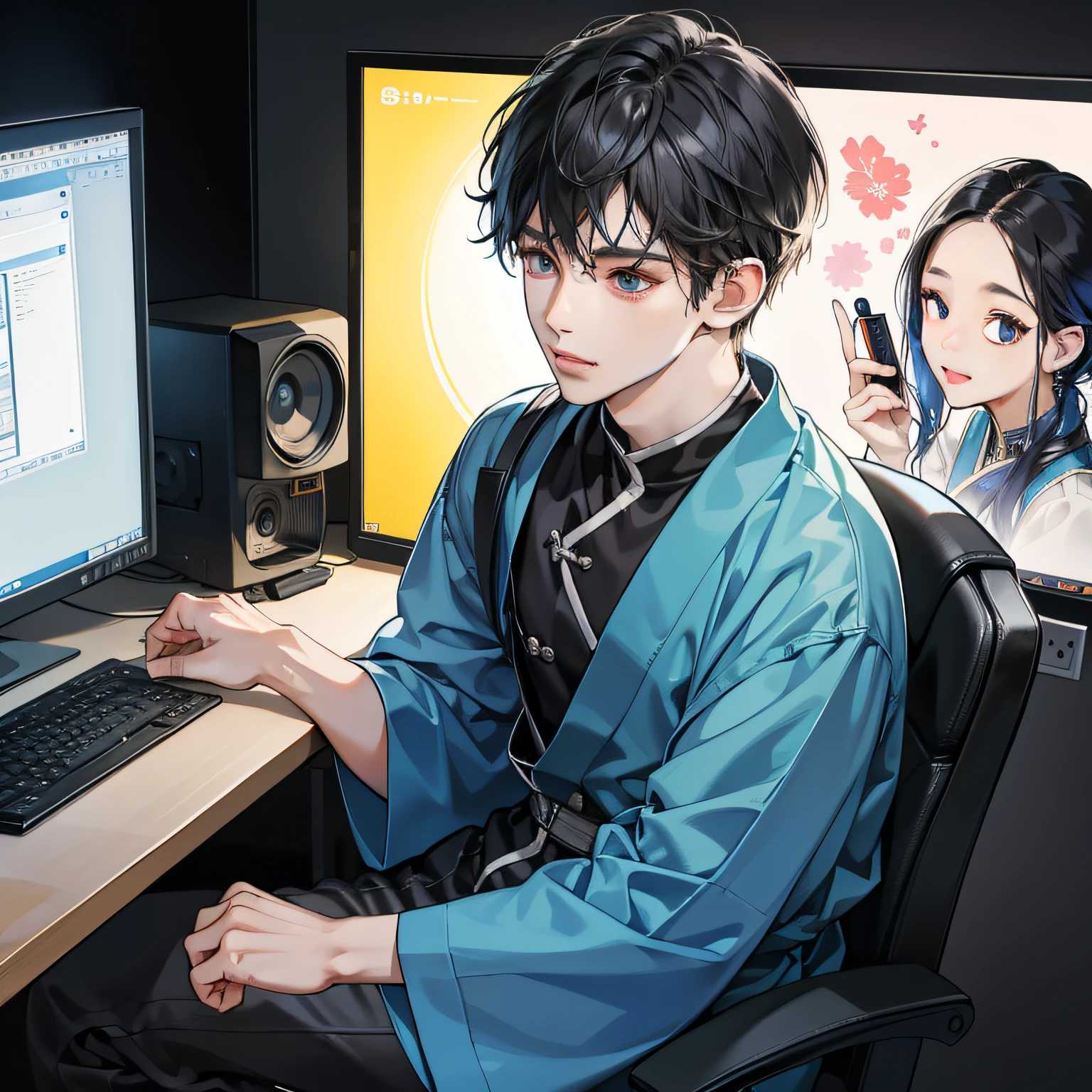 Masterpiece, official art, 8k, best quality, highly detailed, realistic computer setup, modern streaming equipment, expressive facial features:1.2
完美的照明,详细的脸,详细的身体,1 男人,(白头发),红眼睛,男子气概,杰作,高品质,最好的质量,
美丽,高清,逼真,黑色丁恤,牛仔裤,(表情微笑: 1.5) (脸色自然: 1.5),(坐在椅子上: 1.4) sitting in front of his computer, with a modern streaming setup for live broadcasting. His facial features are expressive as he engages with his audience, surrounded by a realistic computer setup that is highly detailed:1.2.