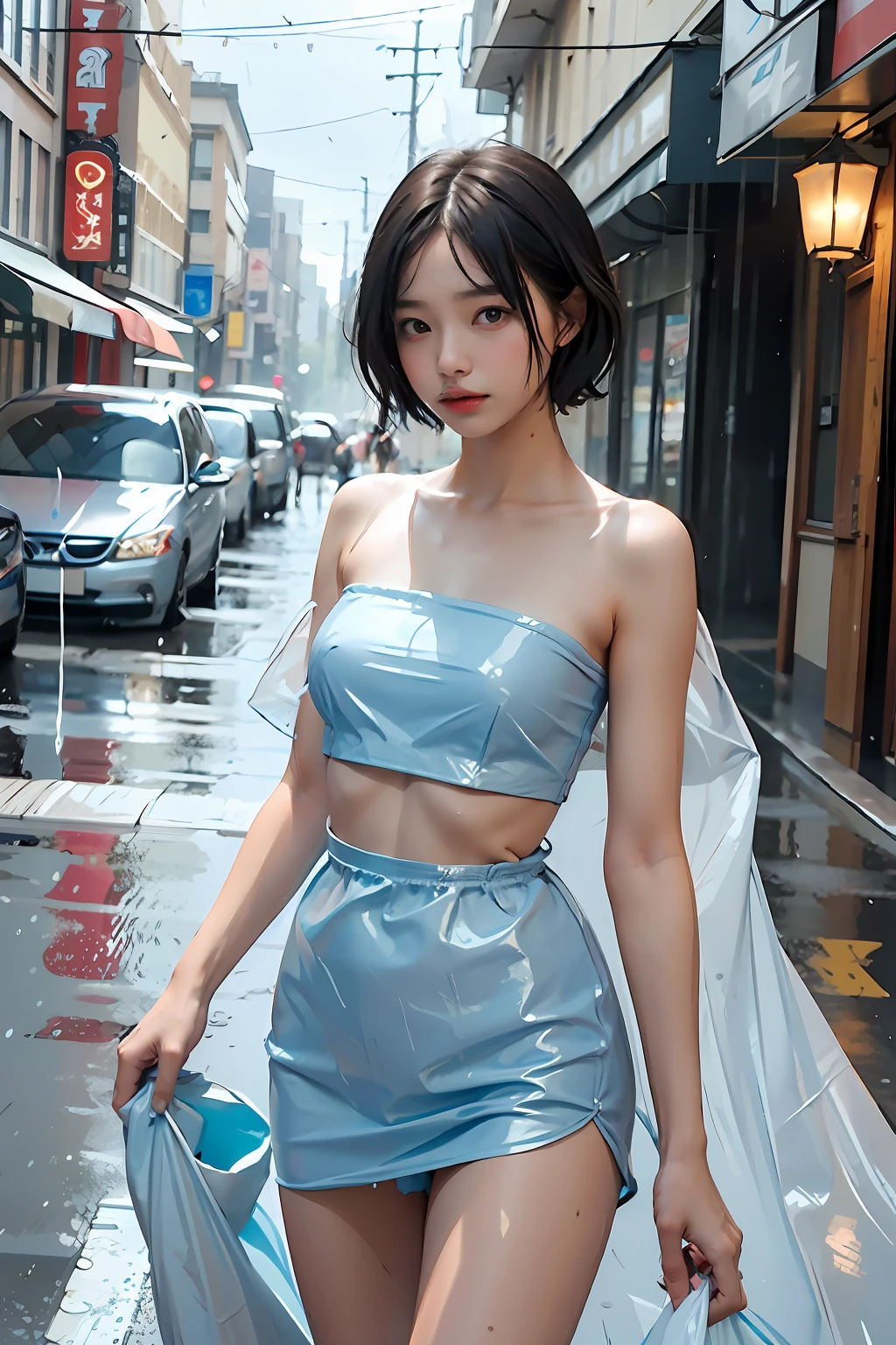 Masterpiece, 8K, 22 year old girl, short cut, naked on the (light blue trash bag:1.2), skimpy, sexy, dive,(rain street:1.3)
