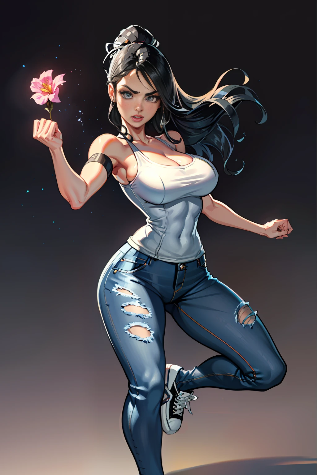 :: JOE MADUREIRA STYLE:: BEAUTIFUL WOMAN perfect and detailed, ultra detailed style clothes with tatoon designs and colors of light pink, black, white and gray, with various full-body attack poses and with immersive effects, hover effect, graphite style background with vibrant colors "ultra hdr" detailed, focus effect, sneakers all star converse black (masterpiece:  1.2, best quality), (finely detailed beautiful eyes: 1.2), extremely detailed hair, depth of field,shot with Canon EOS,lens 135mm f1.8,portrait of [x]((1Girl Kelly Brook Beautiful Woman )),long, straight black hair,with a natural glow and stuck like a ponytail ((Solo)), (Ultra detailed eyes:1.4), (Finely detailed eyes and detailed face:1.3), ), (With ULTRA DETAILED jeans and a white t-shirt with full ultra detailed tatoom print:1.3), (Beautiful and clear background:1.2), (Extremely detailed CG, Ultra-detailed, Best Shadow:1.1),("" character with his super power in the right fist")((Depth of field and blur)), ((Watercolor)), Large breasts, Bare shoulders, Flowers and petals, Beautiful conceptual illustration , (white background:0.5),  (Illustration: 1.1), (extremely fine and beautiful: 1.1), (perfect details: 1.1) background graffiti style, freedom, soul, digital illustration, perfect anatomy, centered, approaching perfection, dynamic, highly detailed, watercolor painting, artstation, concept art, smooth, sharp focus, illustration, perfect anatomy, centered, approaching perfection, dynamic, highly detailed, character sheet, artstation, concept art, smooth, sharp focus, illustration, full body shot