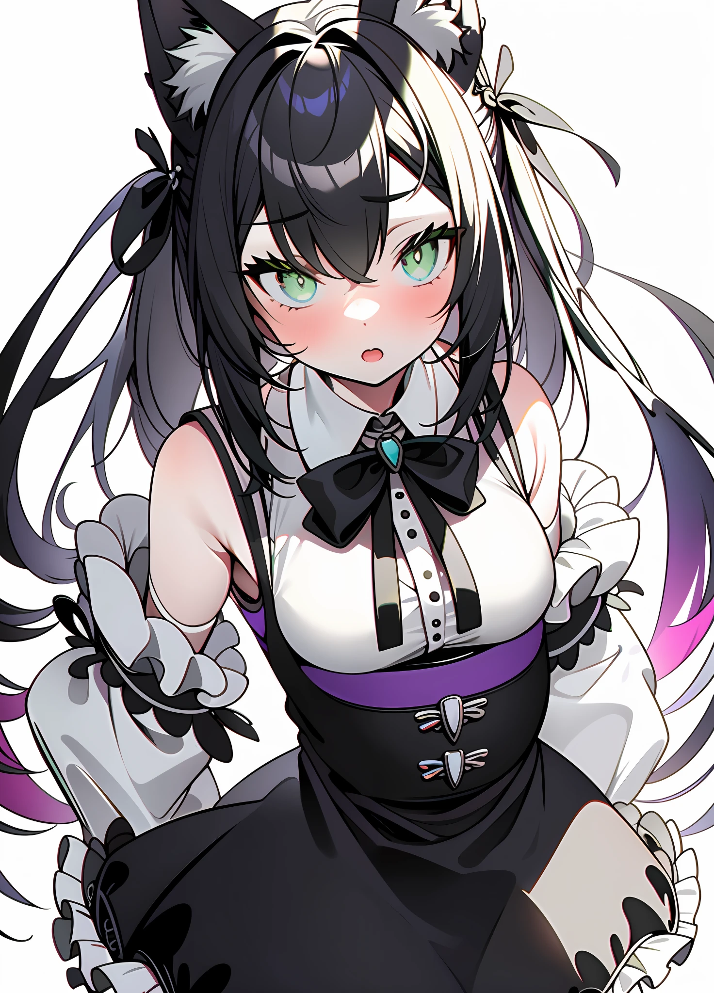 1girl, animal_ear_fluff, animal_ears, armpits, bangs, bare_shoulders, black_hair, black_neckwear, black_ribbon, blush, bodice, cat_ears, cat_girl, detached_sleeves, dress, eyebrows_visible_through_hair, fang, frilled_dress, frills, gem, green_eyes, hands_on_hips, long_hair, looking_at_viewer, multicolored_hair, nail_polish, neck_ribbon, open_mouth, purple_dress, ribbon, shirt, simple_background, sleeveless, sleeveless_shirt, solo, streaked_hair, white_hair, white_shirt, wide_sleeves